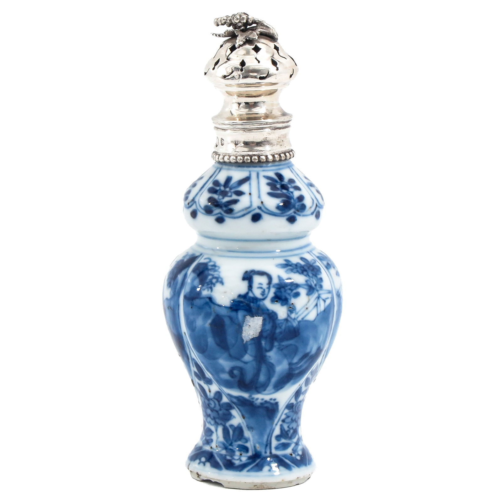 A Blue and White Castor: Baluster form, painted with figures in a landscape within floral panels, 18th Century, fitted with a pierced silver mount and cover, 14 cm. tall, chip.