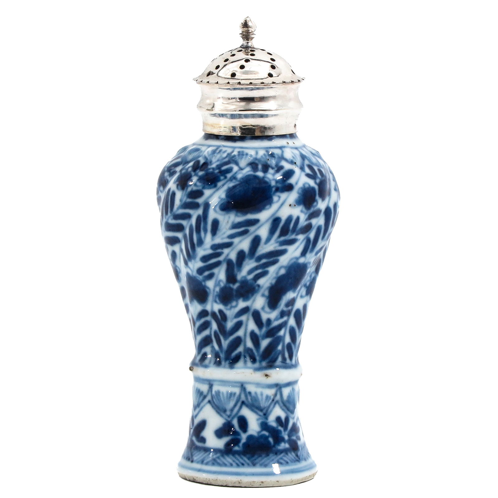 A Blue and White Castor: Baluster form, painted with scrolling foliage and floral motifs, 18th Century, fitted with a pierced silver mount and cover, 13 cm. tall.
