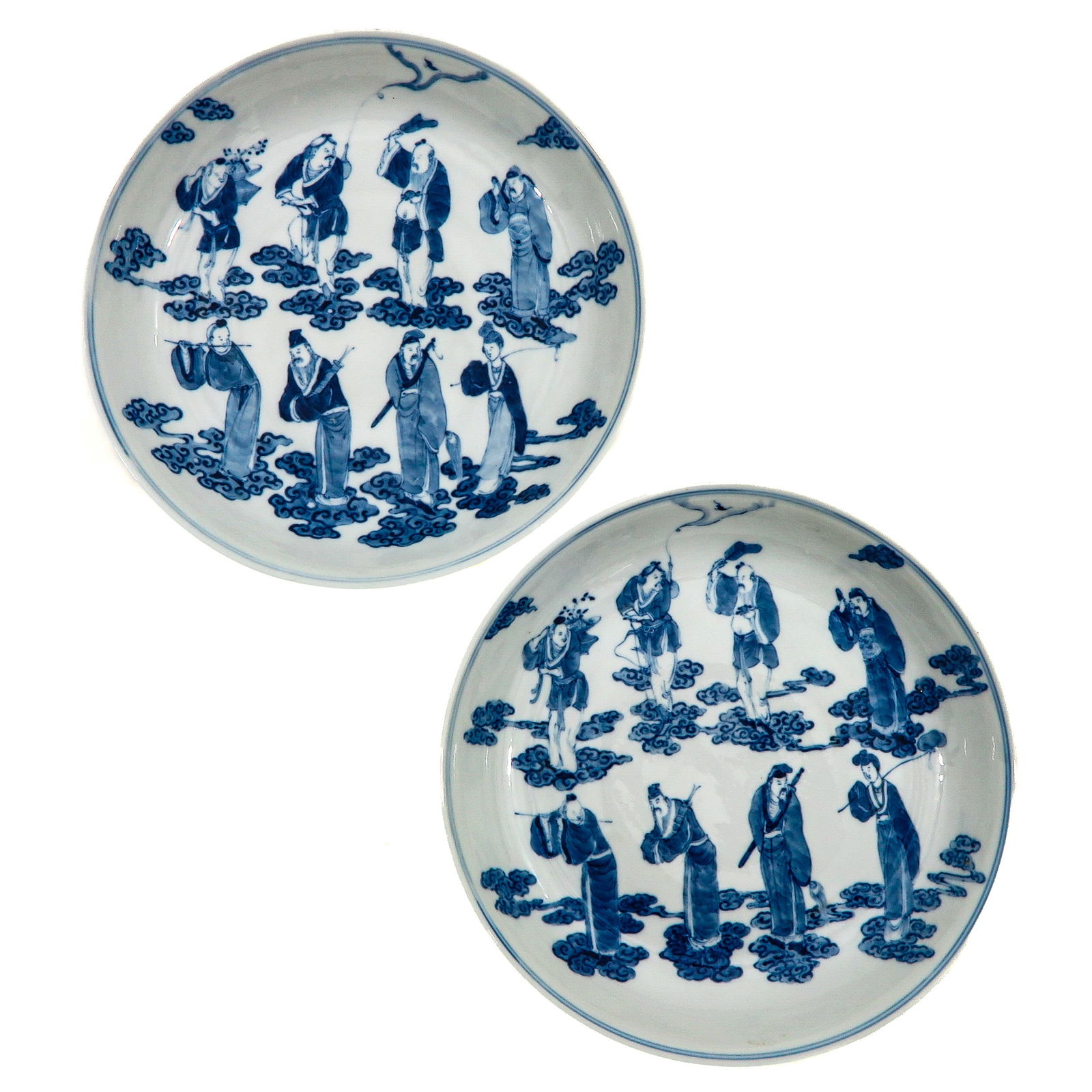 A Pair of Blue and White Plates: Depicting the 8 Immortals, 24 cm. in diameter