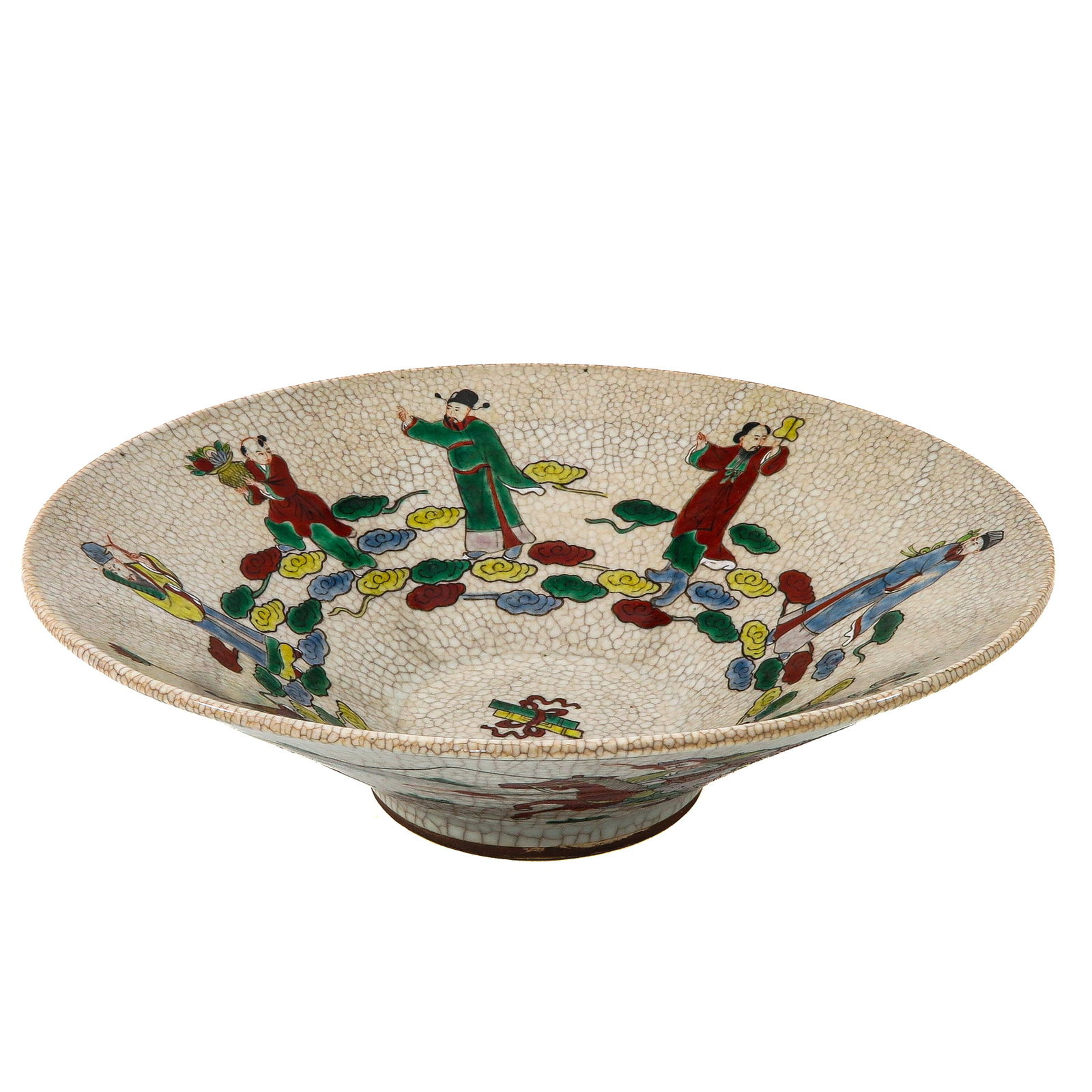 A Nanking Serving Bowl: Crackle glaze and enamel decoration of the 8 Immortals, 29 cm. in diameter.