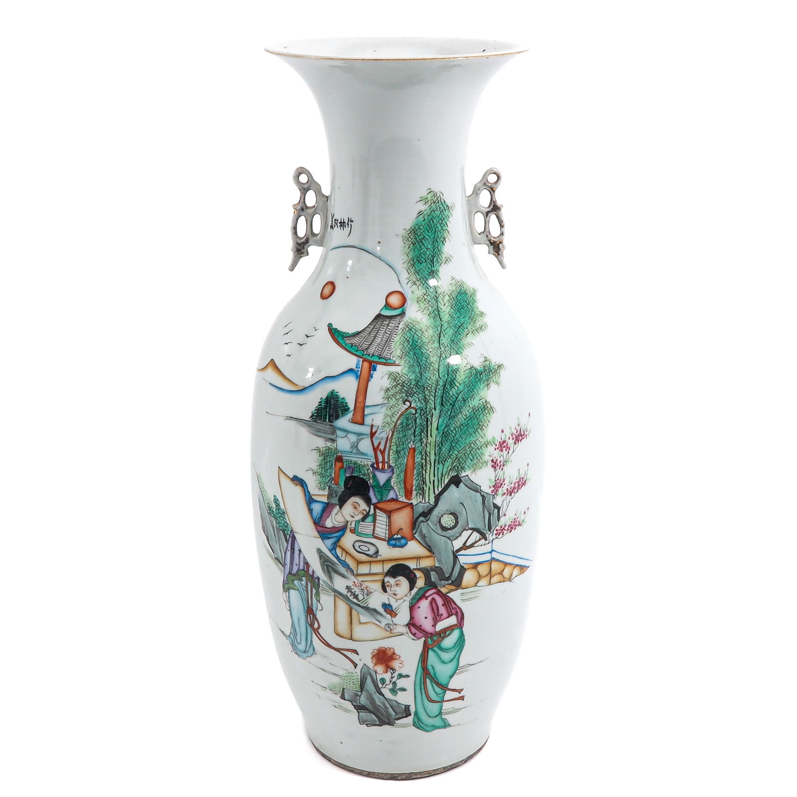 A Polychrome Decor Vase: Baluster form with a flaring neck and applied handles, decorated with figures in a landscape setting, 19th / 20th Century, 57 cm. tall.