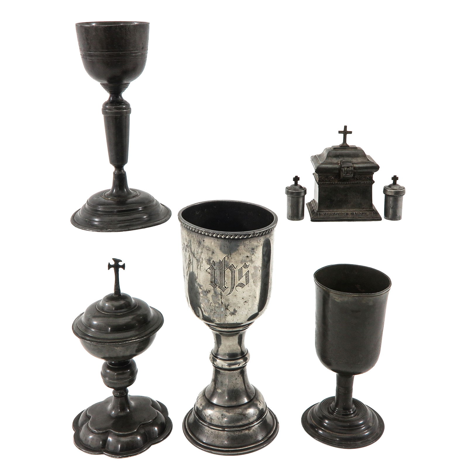 A Group of 5 Pewter Liturgical Objects: Consisting of 5 pewter liturgical objects, including chalices, height 28 cm.