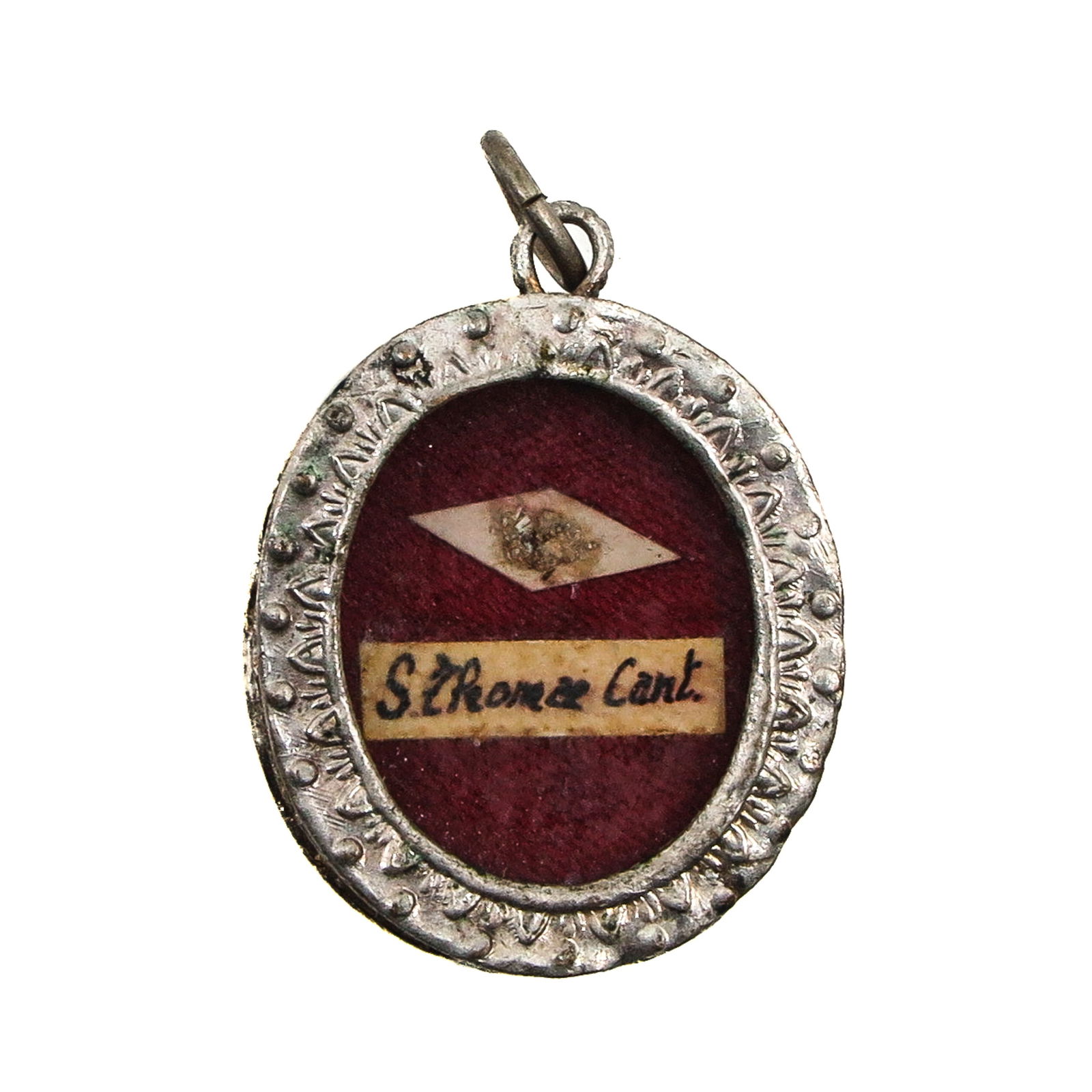 A Sealed Theca: Containing a relic of Saint Thomas Becket, Archbishop of Canterbury and martyr (patron of clergy and canon law), length 2.5 cm. You are purchasing the theca; the relics are a gift.