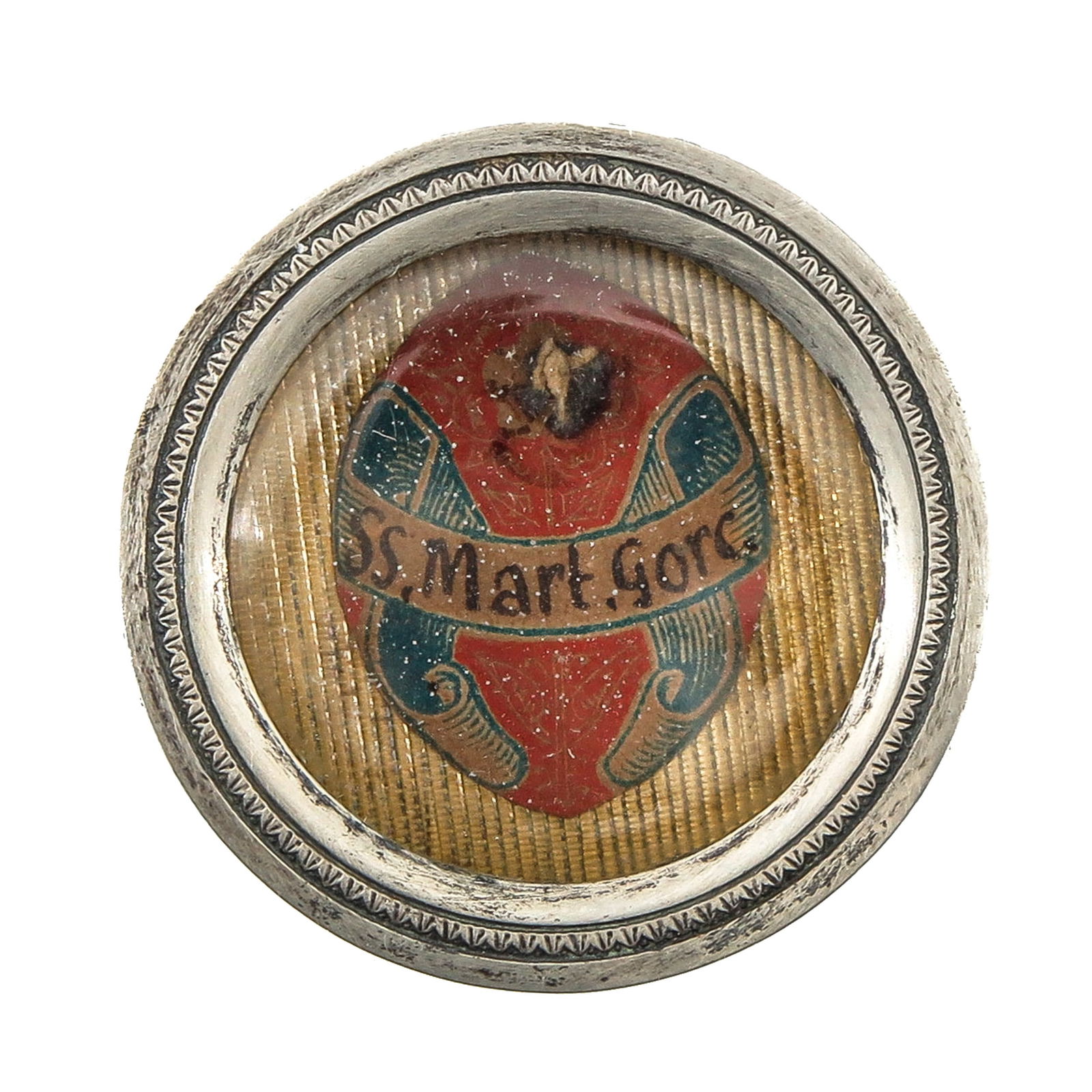 A Sealed Theca: Containing a relic of Saint Gorgonius, martyr, diameter 4 cm. You are purchasing the theca; the relics are a gift.