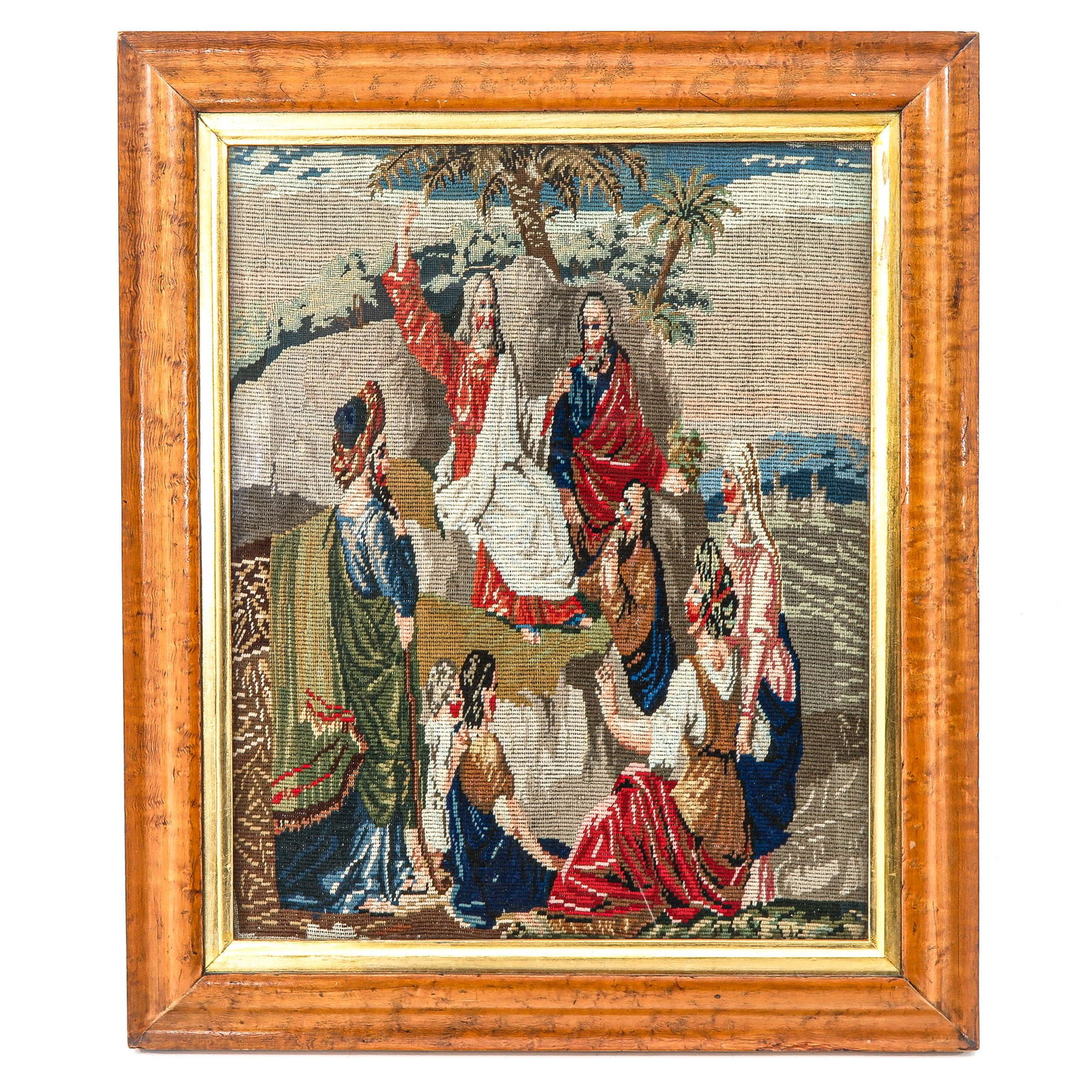 A Framed Embroidery: In a burl walnut frame, with a biblical scene, 41 x 47 cm.