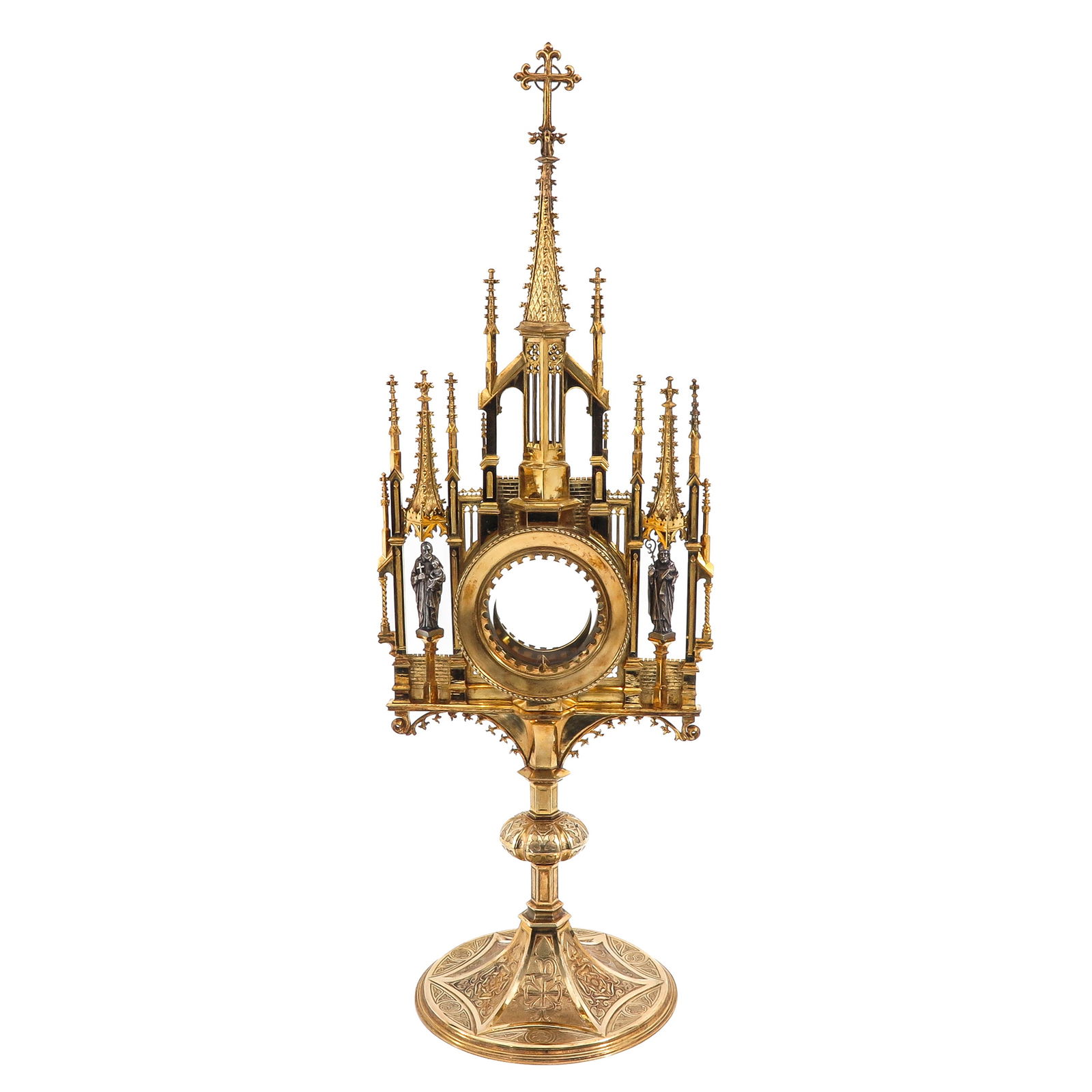 A Tower Monstrance: Neo-Gothic, gilded brass, with luna and case, height 58 cm.