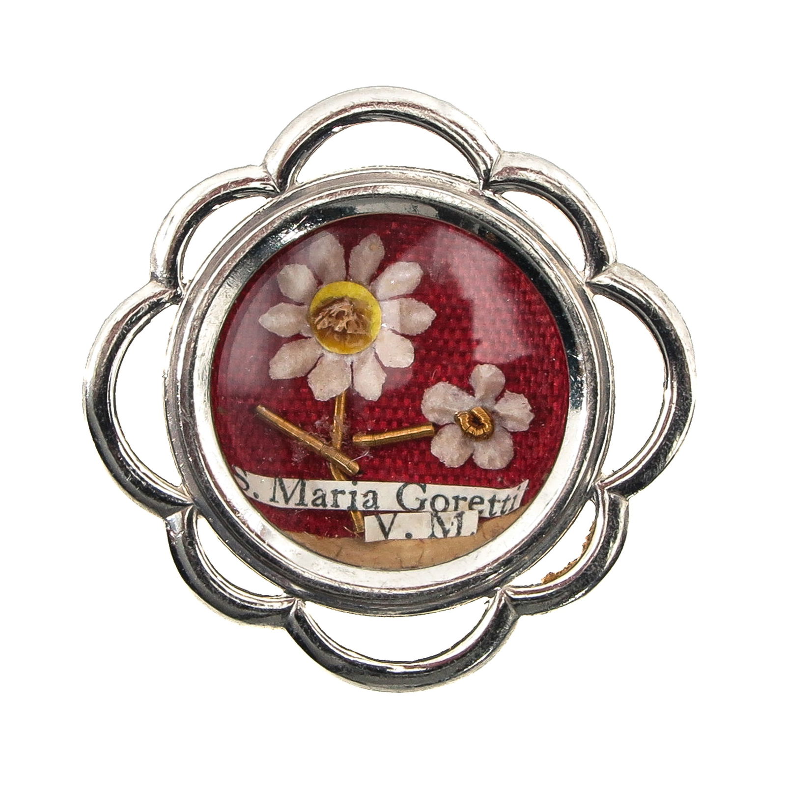 A Sealed Theca: Containing a relic of Saint Maria Goretti, virgin and martyr (patroness of youth, chastity, and victims of sexual violence), diameter 3.5 cm, with certificate. You are purchasing the theca; the