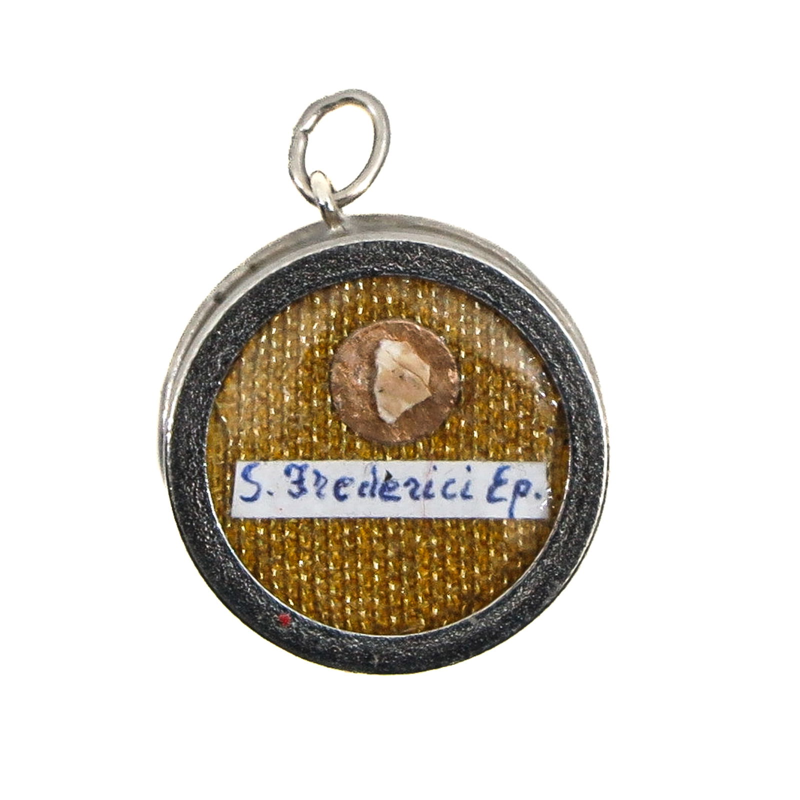 A Sealed Theca: Containing a relic of Saint Frederick of Utrecht, bishop and martyr, diameter 2 cm, with certificate. You are purchasing the theca; the relics are a gift.