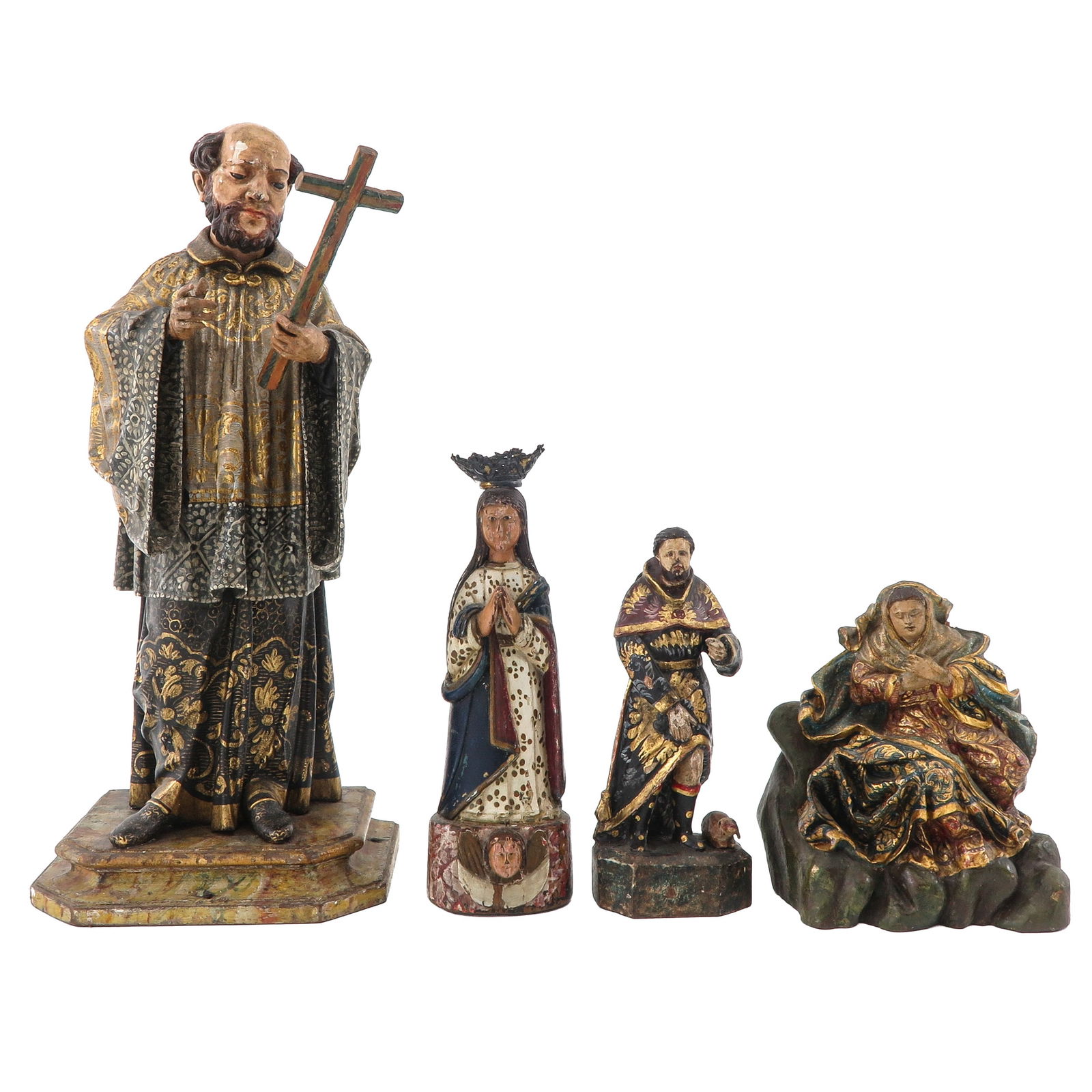 A Group of 4 Sculptures: Consisting of 4 polychrome wooden holy statues, 18th/19th century, including Saint John Nepomucene, height 50 cm.