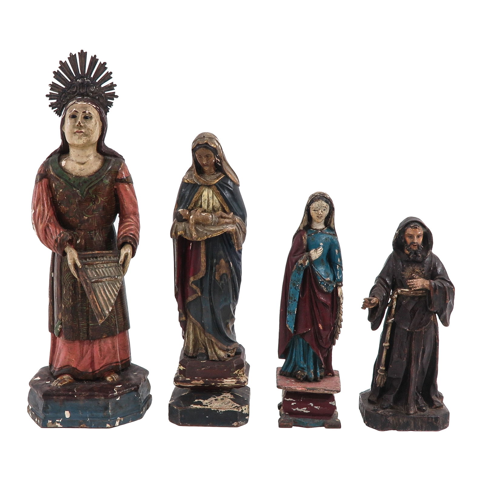 A Group of 4 Sculptures: Consisting of four polychrome wooden holy statues, 18th/19th century, including Saint Cecilia, 44 cm tall.