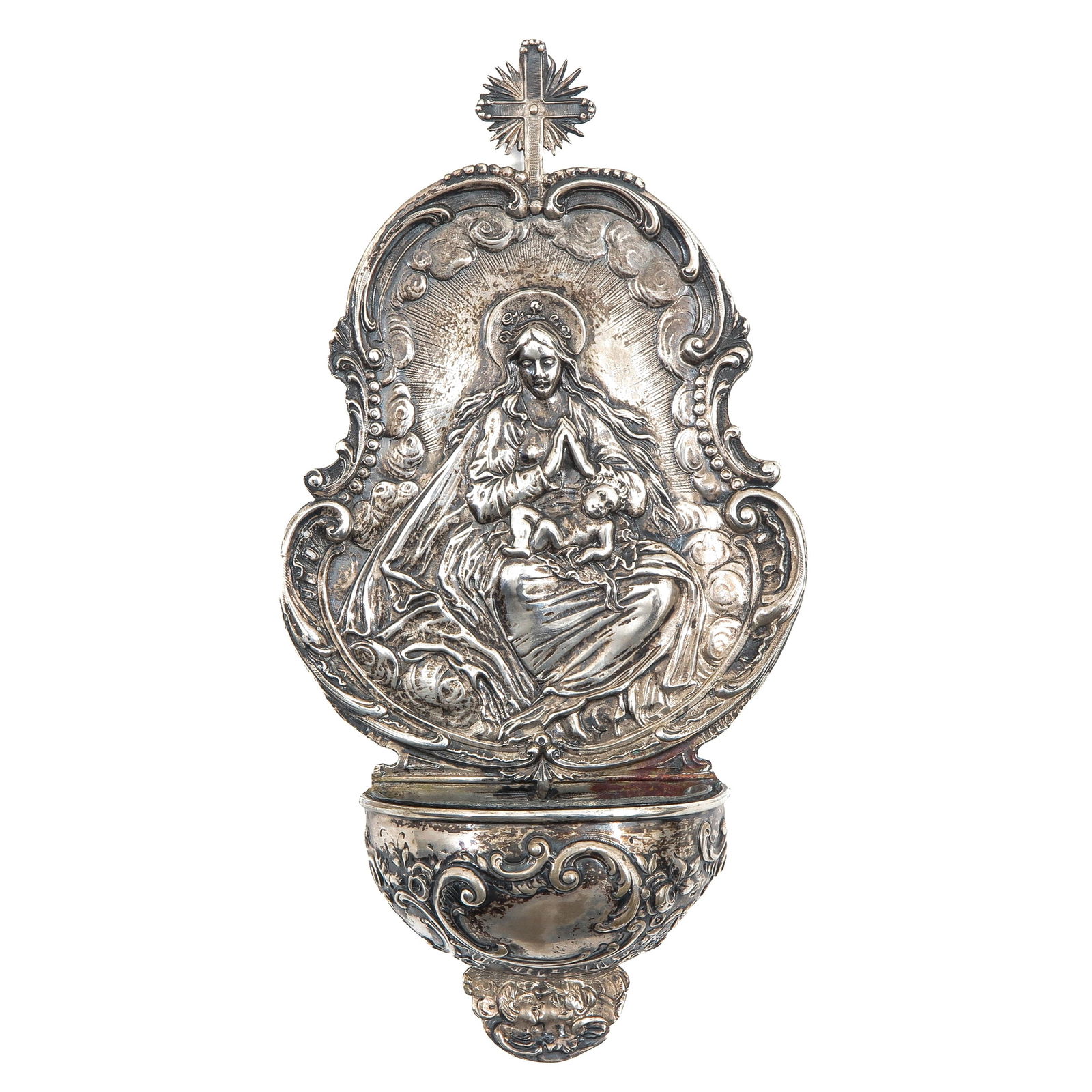A Holy Water Font: Silver, with inner tray, height 26 cm.