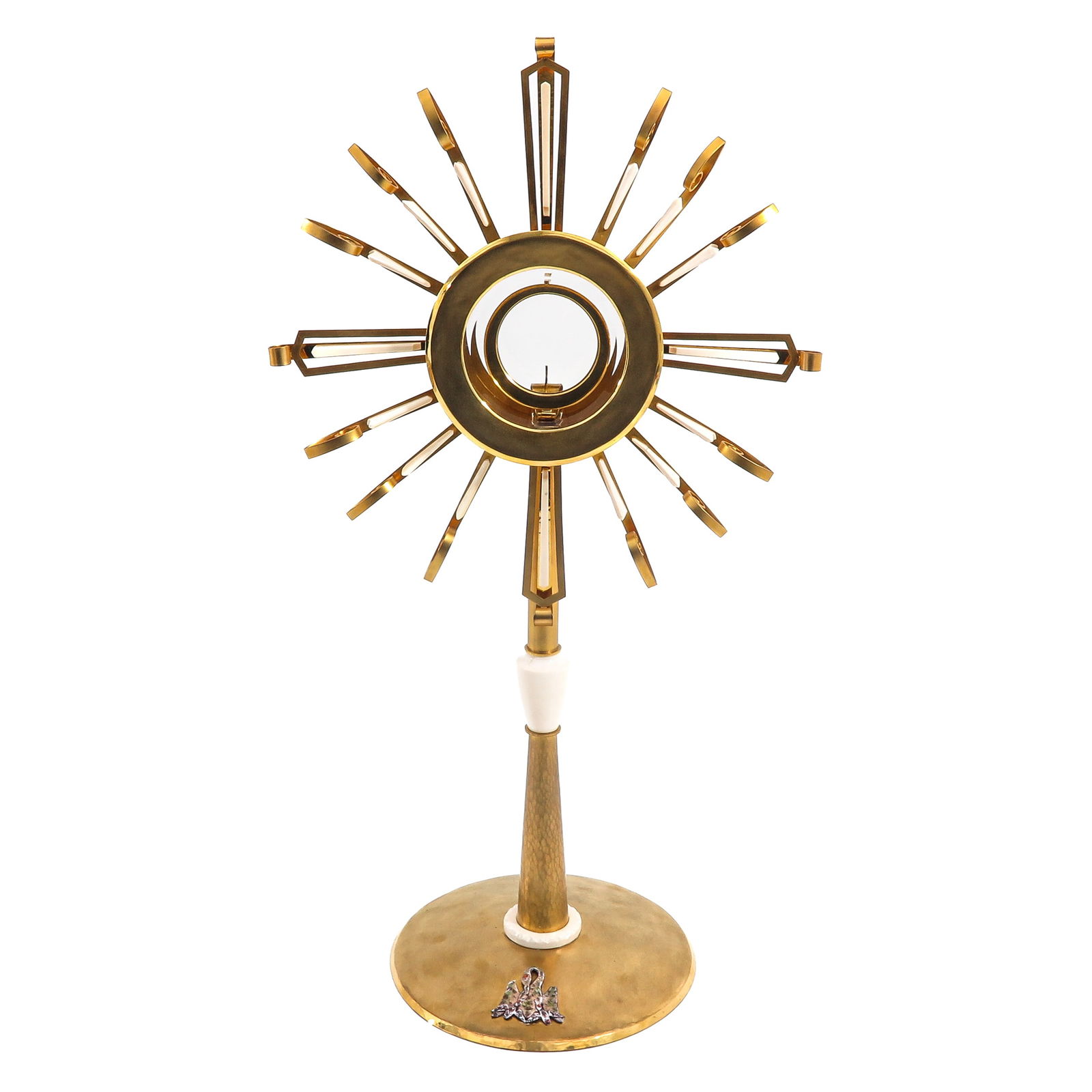 A Monstrance: Gilt brass, with luna, from the Monastery of Our Lady of the Seven Sorrows, Amsterdam, height 58 cm, with case.