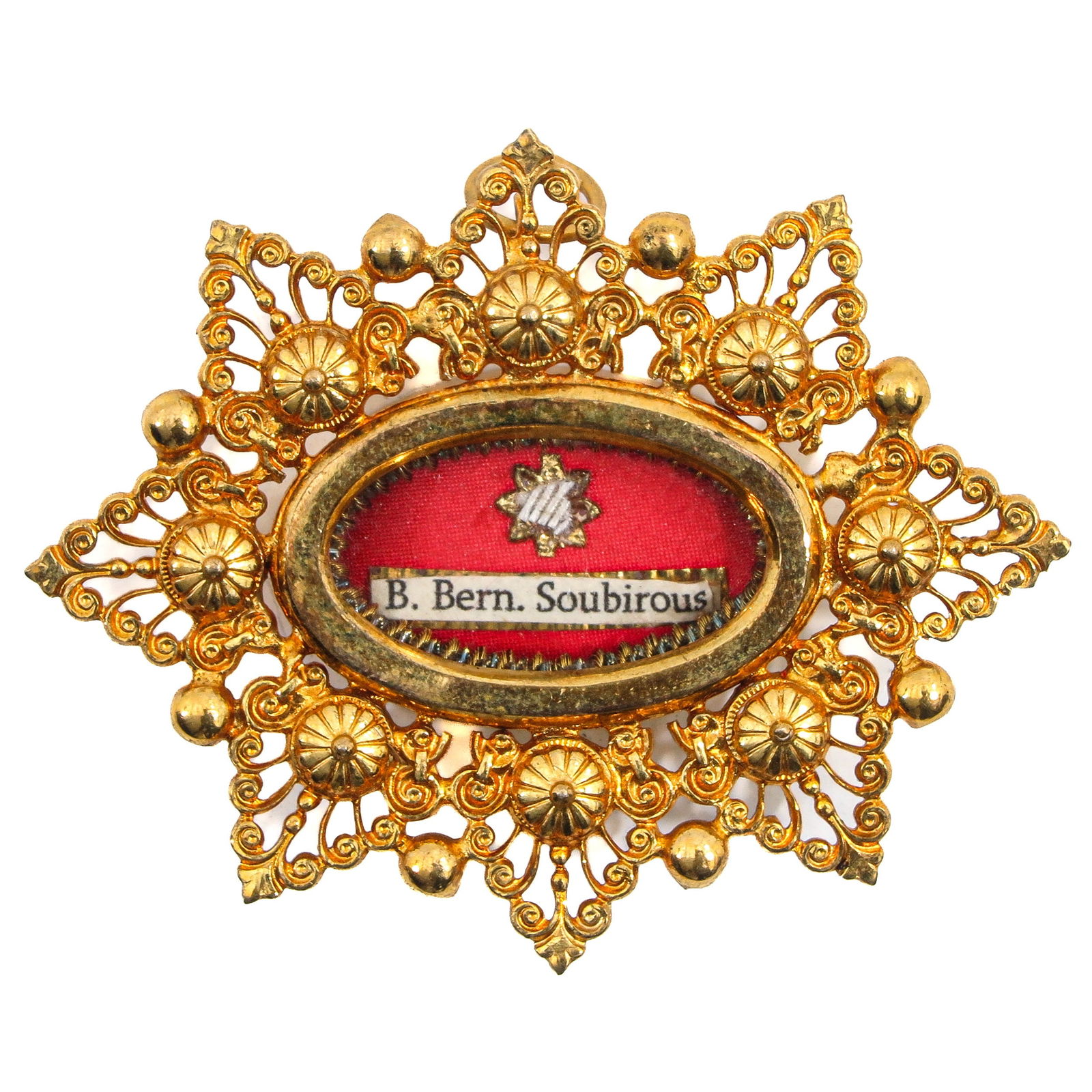 A Sealed Theca: Containing a relic of Saint Bernadette Soubirous, virgin (patron saint of the sick), 7 x 6 cm. You are purchasing the theca; the relics are a gift.