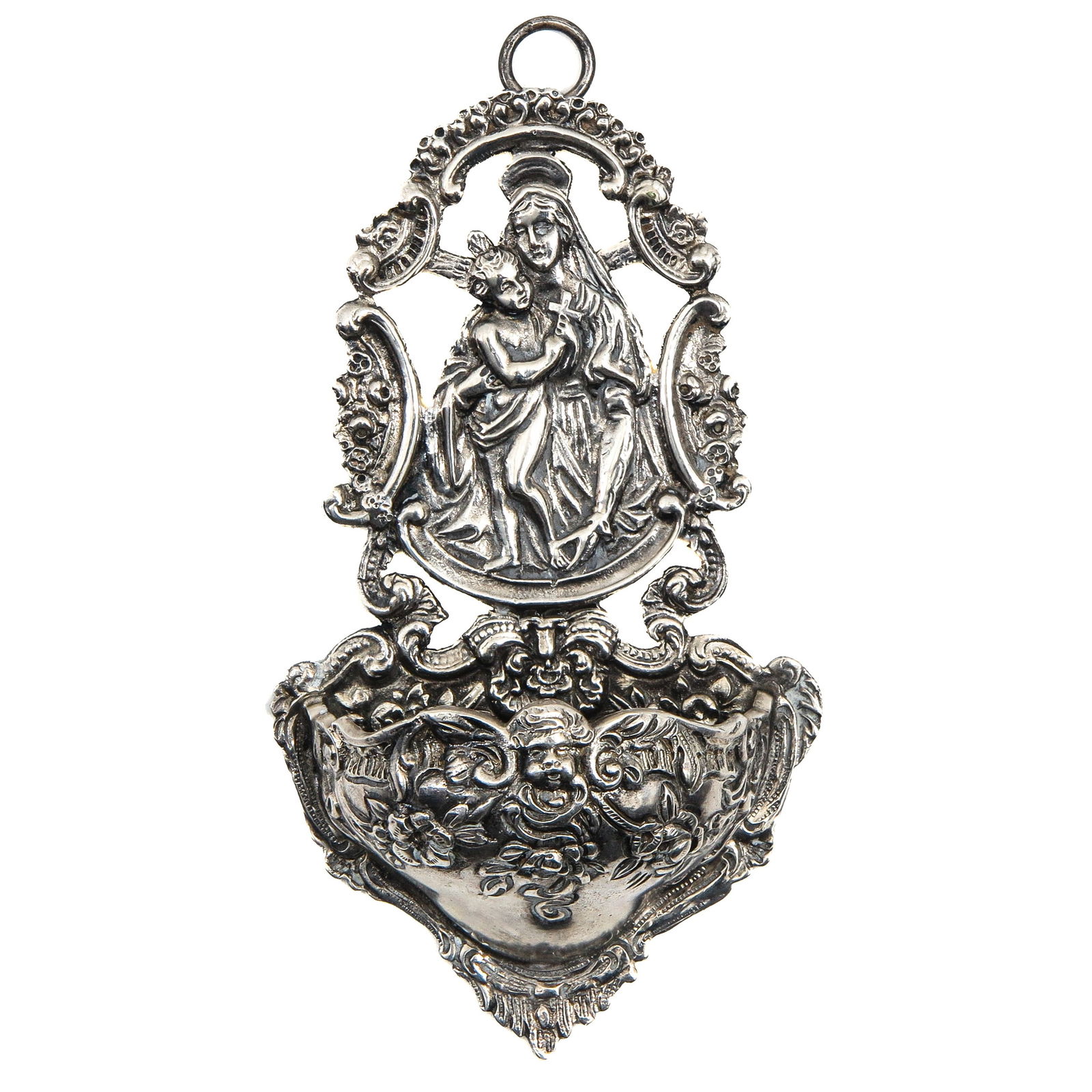 A Holy Water Font: Silver, with embossed decoration, height 11 cm.