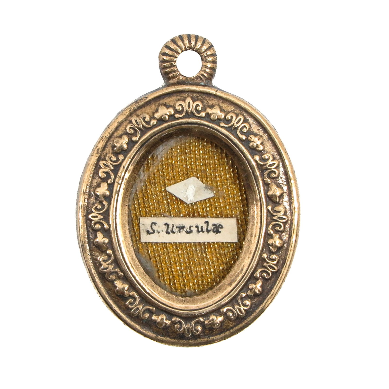 A Sealed Reliquary Pendant: Containing a relic of Saint Urusula, virgin and martyr (patron saint of Cologne), length 4 cm., with certificate. You are purchasing the theca; the relics are a gift.