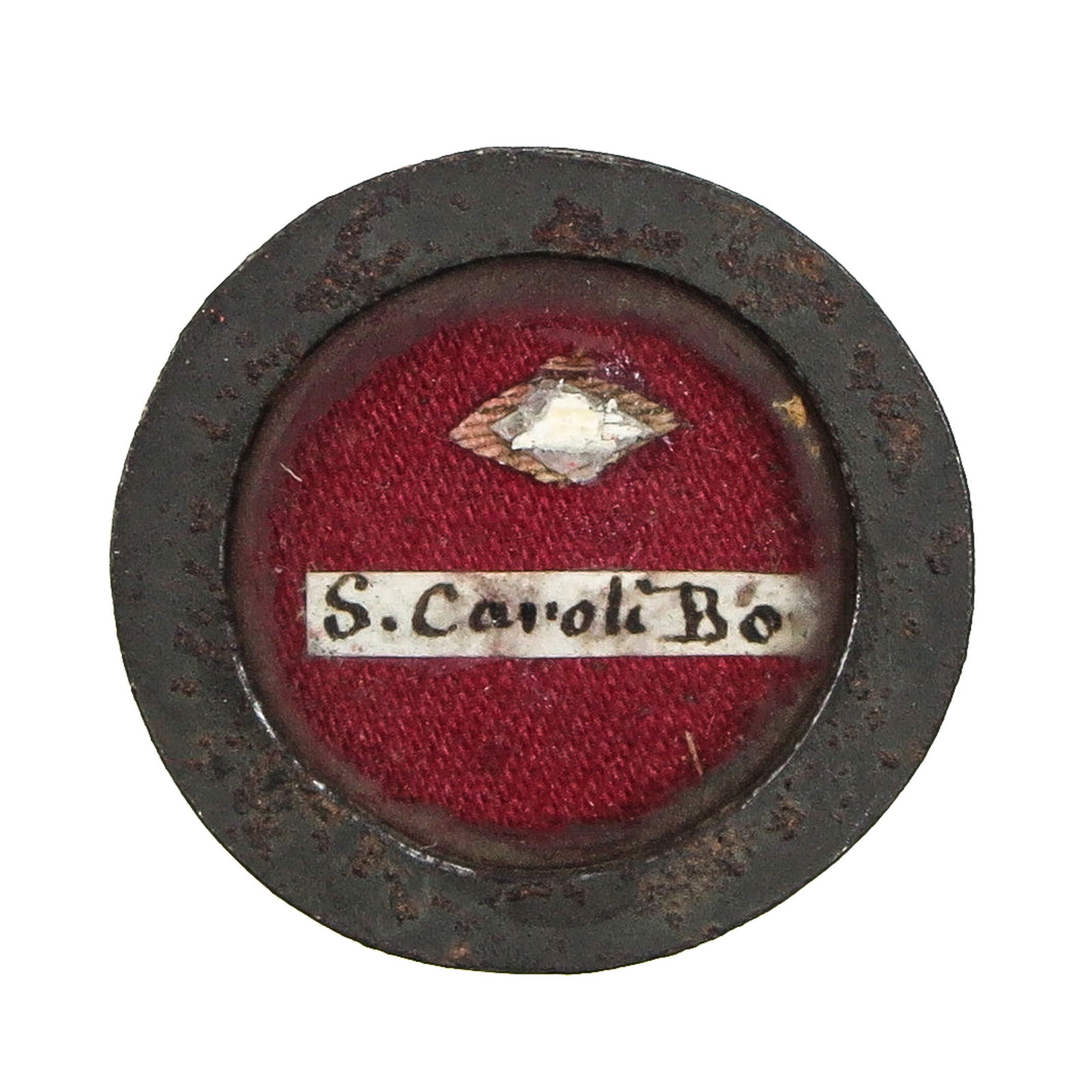 A Sealed Theca: Containing a relic of Saint Charles Borromeo, bishop (patron of bishops, seminarians, and catechists), diameter 3 cm. With certificate. You are purchasing the theca; the relics are a gift.