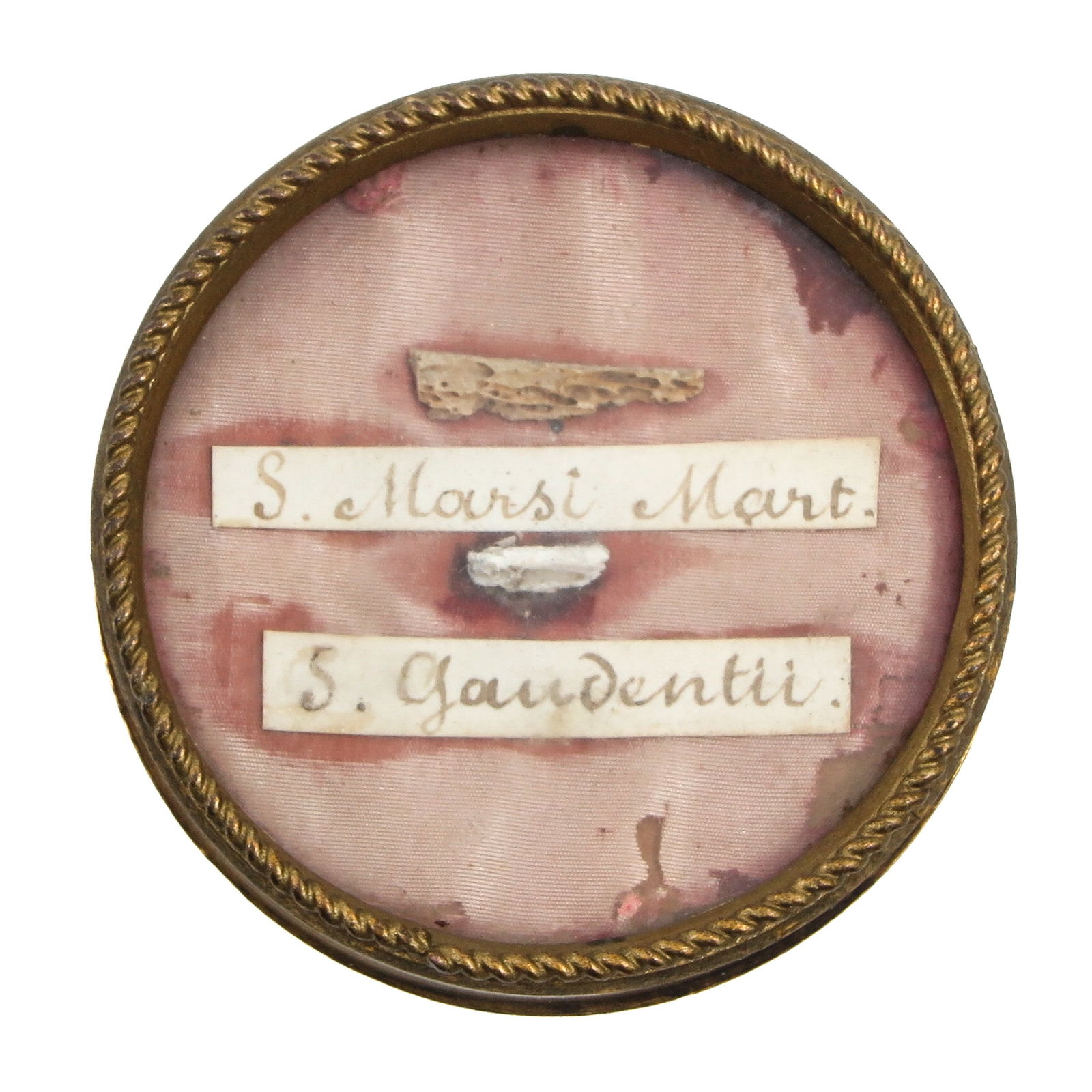 A Sealed Multi-Theca: Containing 2 relics, including Saint Gaudentius (patron of bishops and defenders of church doctrine), diameter 6 cm. You are purchasing the theca; the relics are a gift.