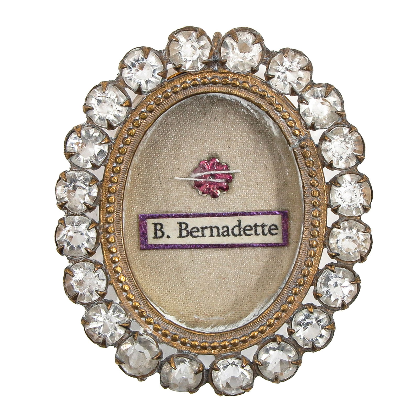 A Sealed Theca: Containing a relic of Saint Bernadette Soubirous, visionary of Lourdes (patroness of the sick and Lourdes pilgrims), length 5 cm. You are purchasing the theca; the relics are a gift.