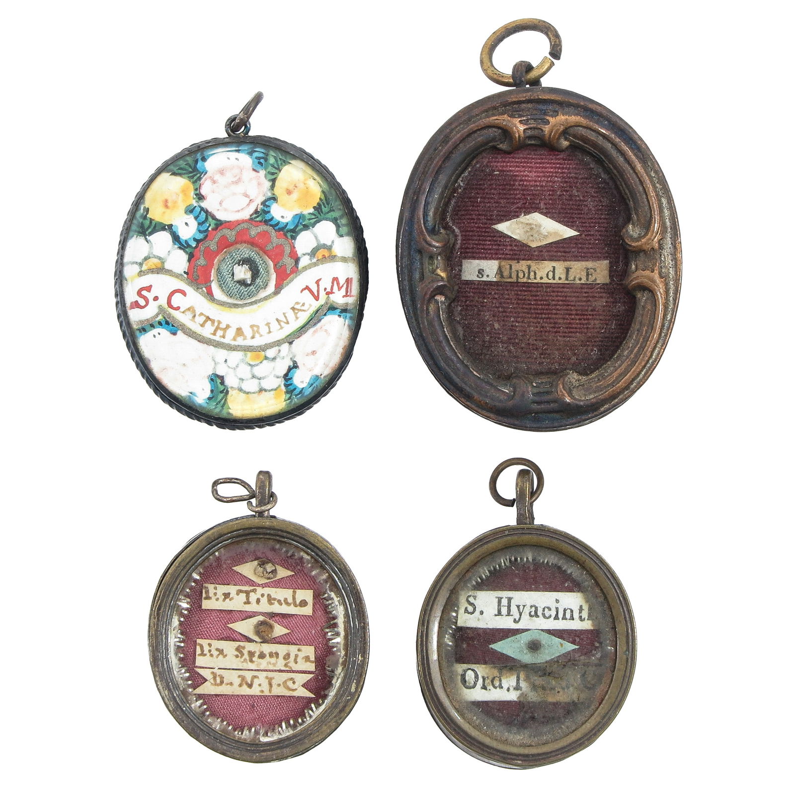 A Group of 4 Reliquary Pendants: Consisting of 4 reliquary pendants, containing relics of Saint Alphonsus de Liguori (patron of confessors) and Saint Hyacinth of Poland (patron of missionaries and travelers), largest 4.5 cm. You are