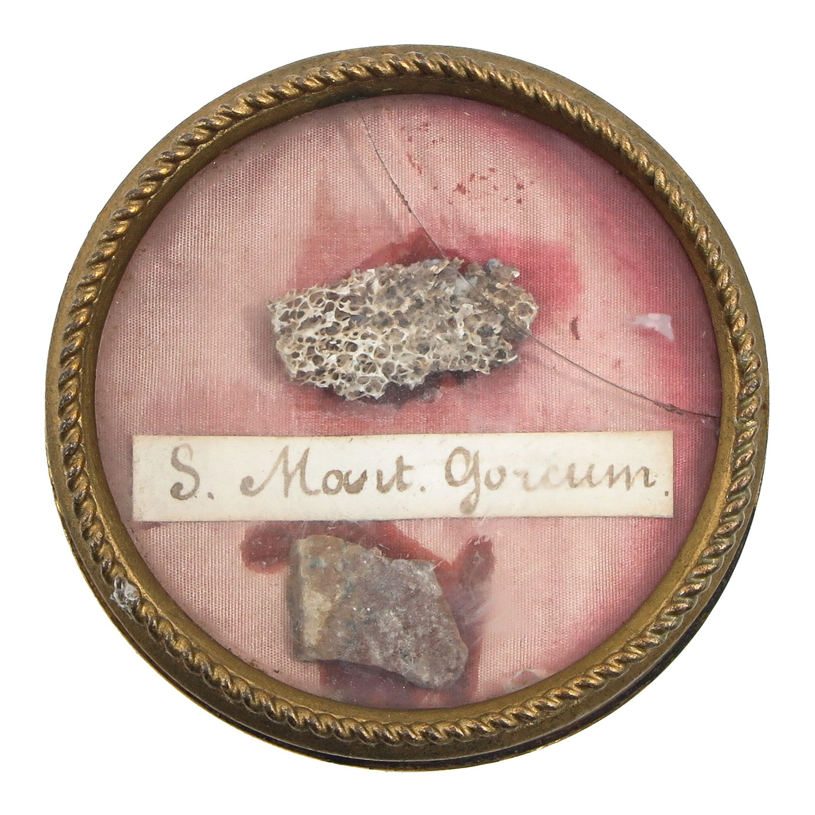 A Sealed Theca: Containing relics of the martyrs of Mount Gorium (patron of perseverance in faith and protection in times of persecution), diameter 6 cm. You are purchasing the theca; the relics are a gift.