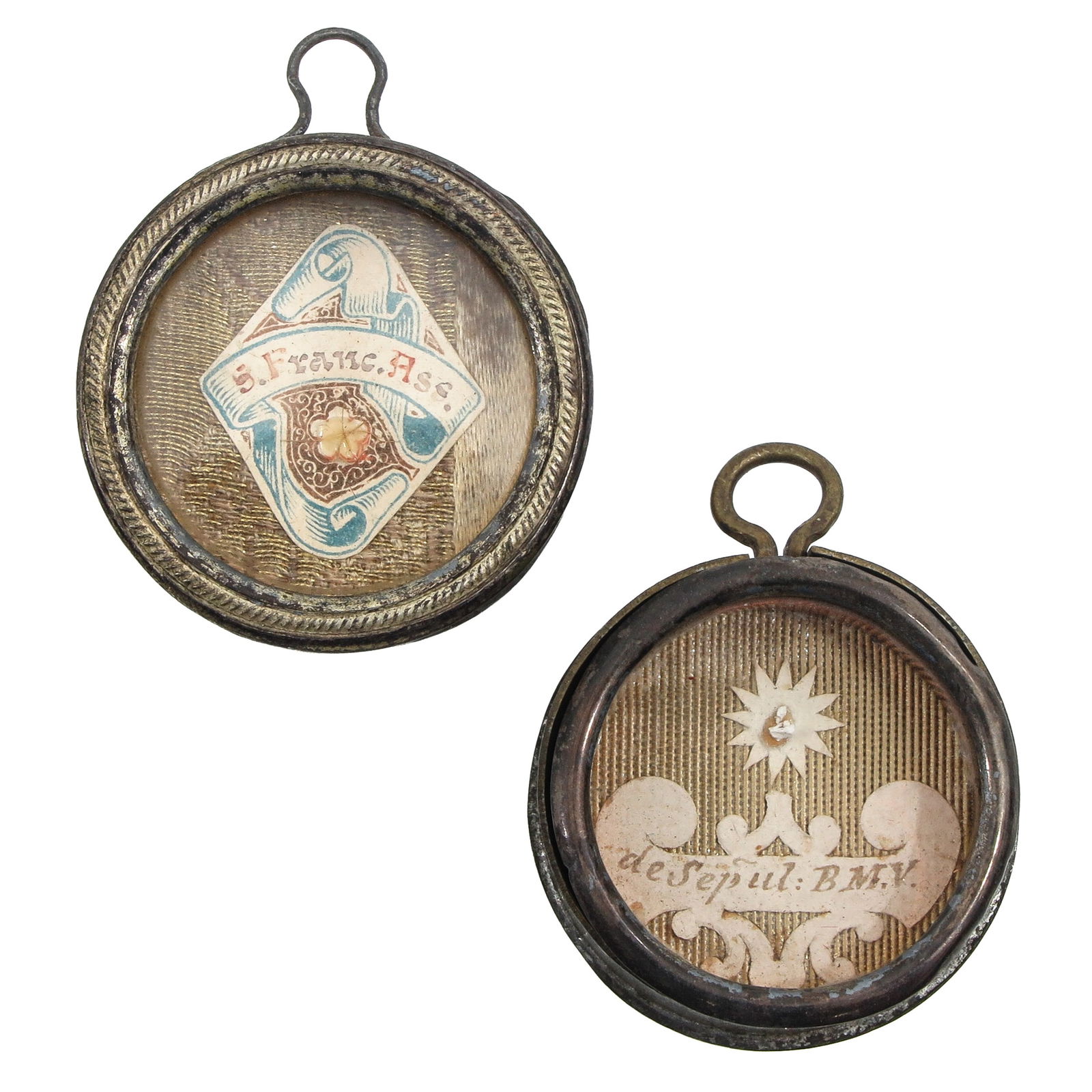 A Lot of 2 Thecae: Consisting of 2 thecae, containing a relic of Saint Francis of Assisi (patron of animals, ecology, and the Franciscan Order) and a relic with the inscription "Sepulcro Beatae Maria Virginis" (from the