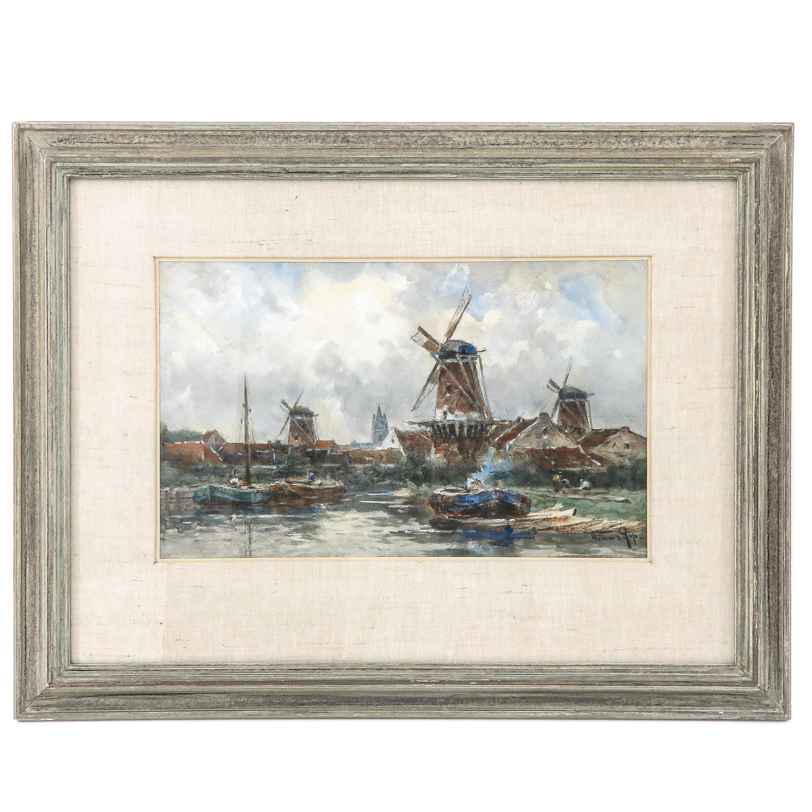 A Watercolor: with depiction of ships at mills by the water, signed Willem C. Rip, 1900, 26 x 42 cm
