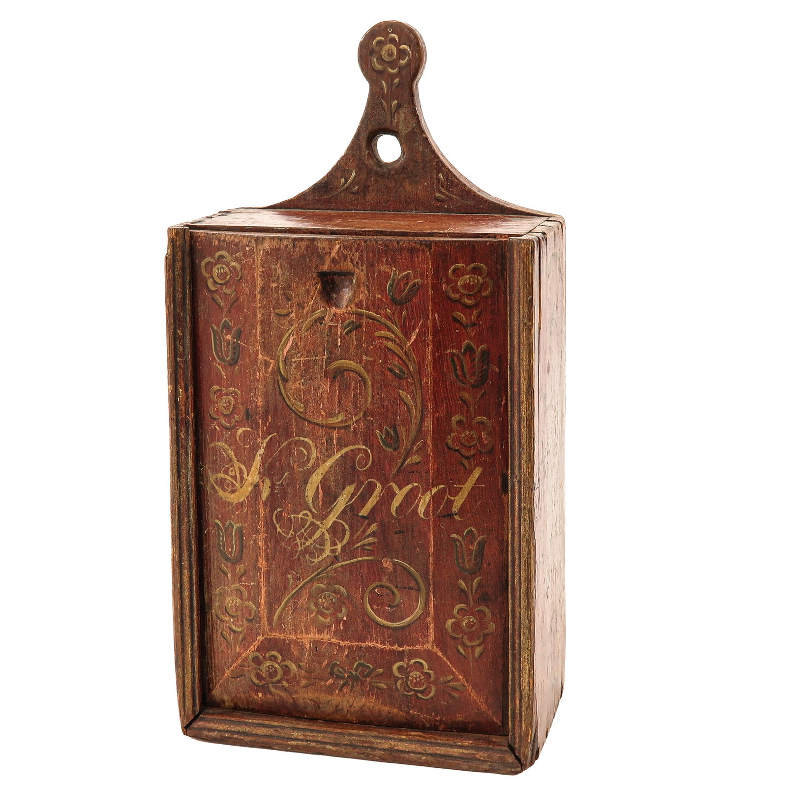 An Antique Wooden School Bag: with floral decoration and initils K. Groot, Hindeloopen, 21 x 41 x 13 cm.