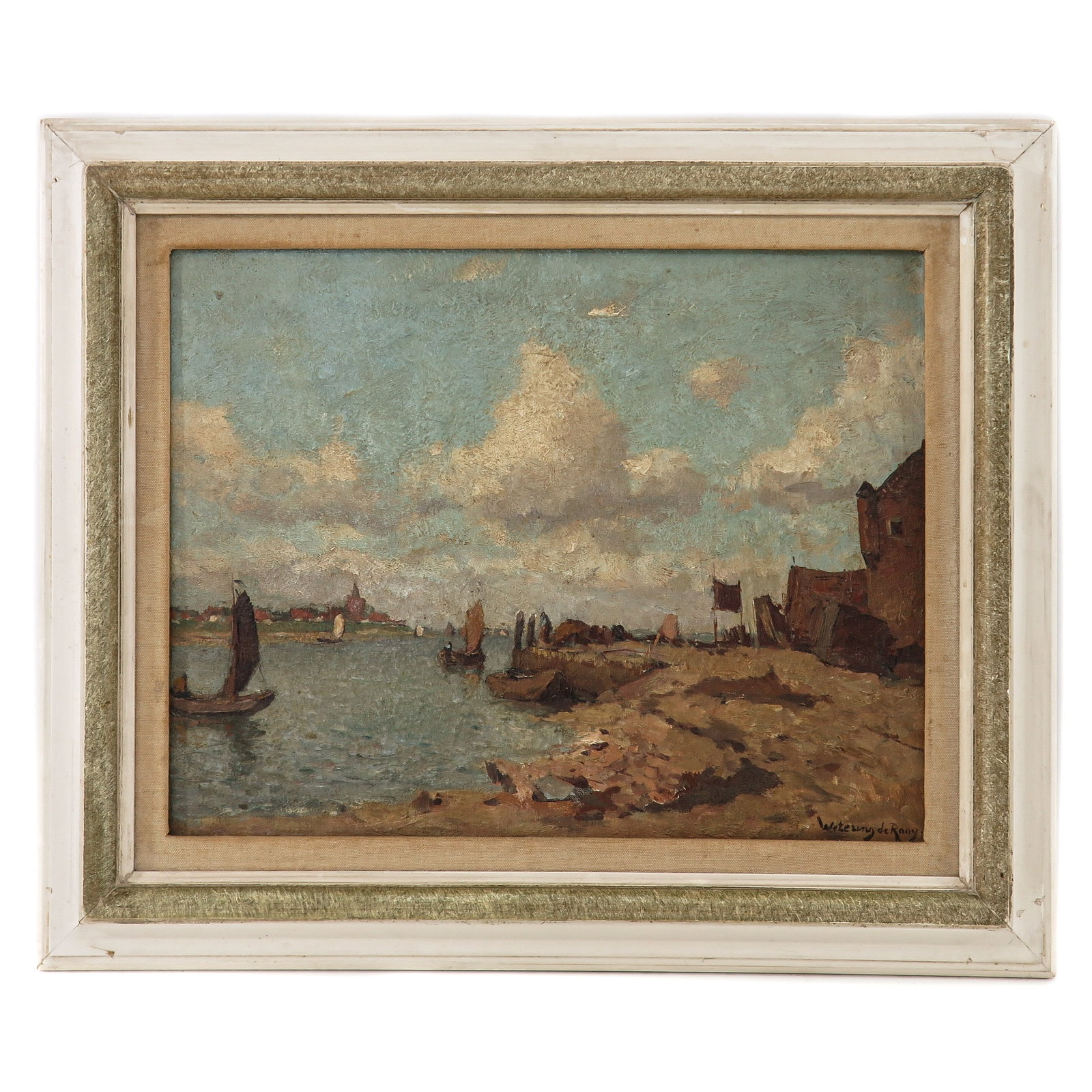 An Oil on Canvas Painting: oil on canvas depicting ships on a river, signed J.E. Wetering van de Rooij, 43 x 34 cm