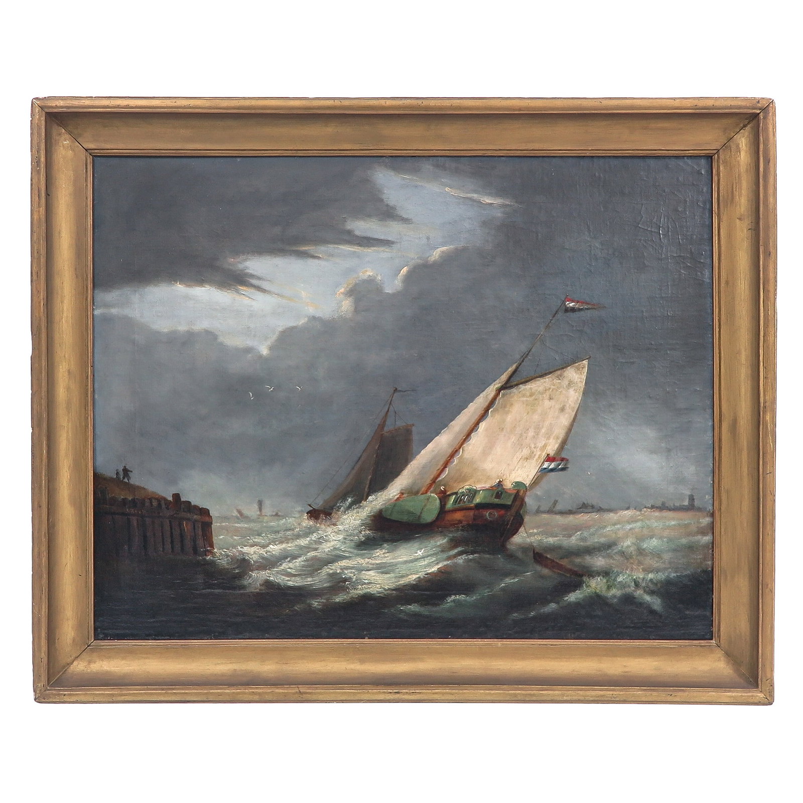 A Painting: marouflé, depicting ships, signed L.E. de Boer f., 84 x 64 cm
