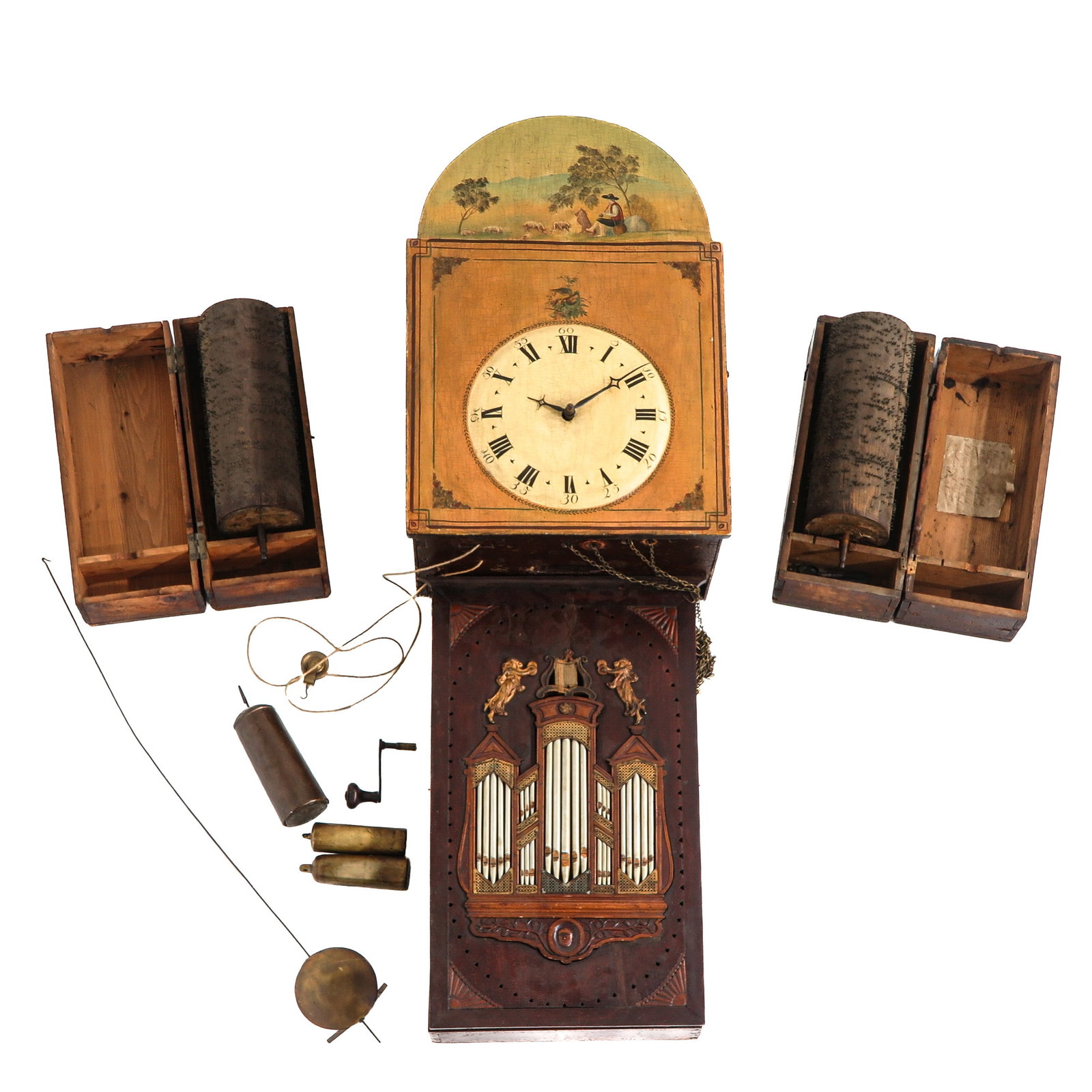 A Black Forest Clock: made ca. 1820, Black Forest, Germany. Extremely rare due to mechanism and interchangeable rollers. Restored in 2008, in collaboration with Mr. Klaus Biber, restorer at the Deutsches Musikautomaten