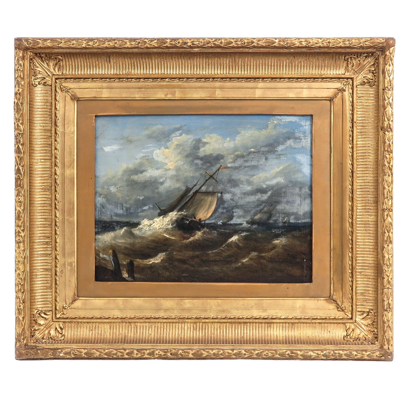 An Oil on Panel Painting: oil on panel depicting a ship on a rough sea, L. Jonker, 1860, 37 x 30 cm