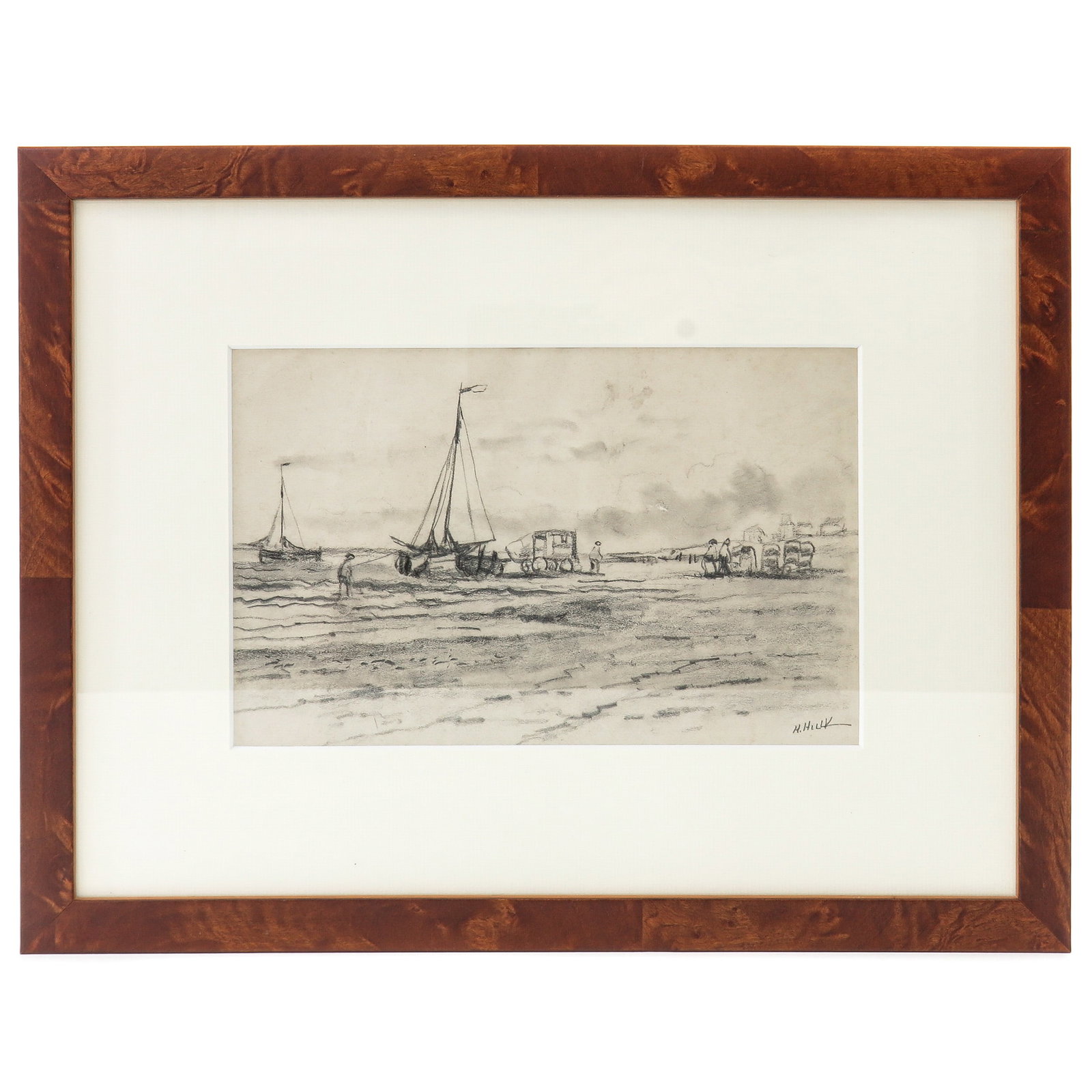 A Pen on Paper: on paper depicting ships and carts on the beach, signed H. Hulk, 1930, 23 x 15 cm