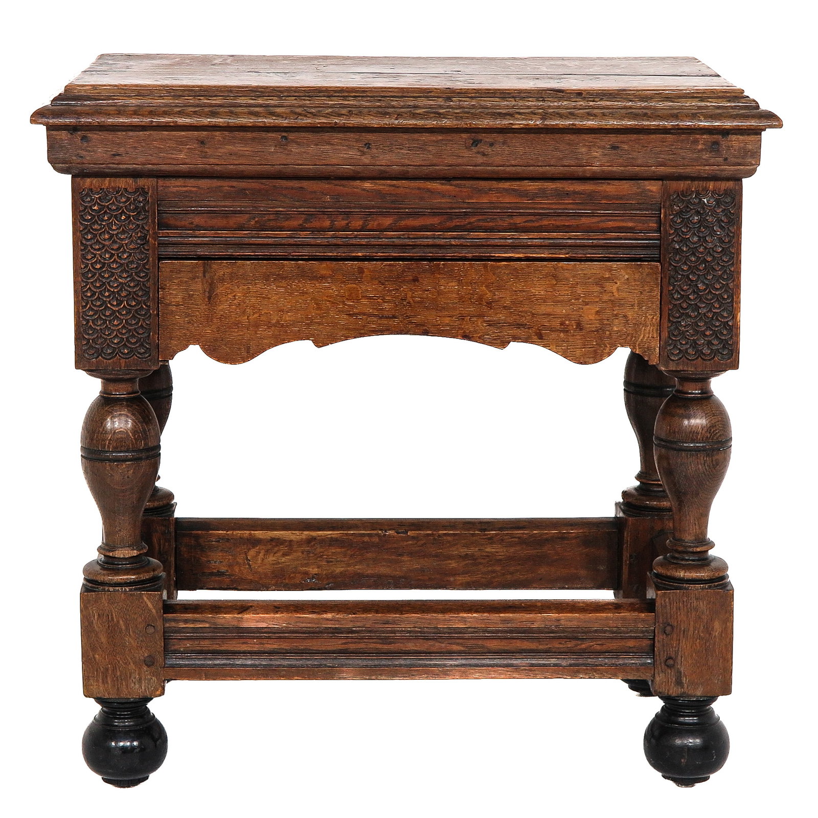 An Antique Table: known as a betaaltafel, circa 1700, oak on ebony ball feet, 79 x 79 x 51 cm