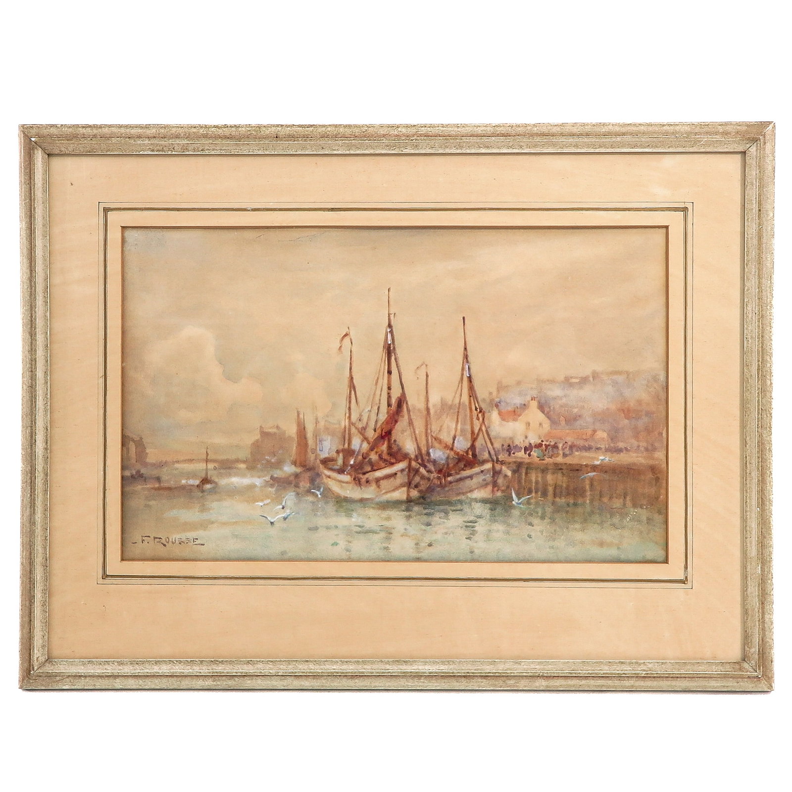 A Watercolor: with depiction of ships in a harbor, signed F. Rousse, 44 x 27 cm