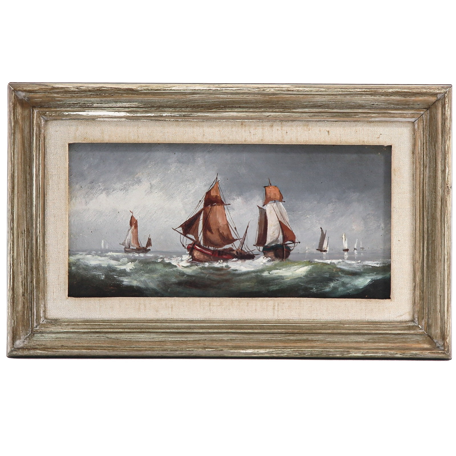 An Oil on Panel Painting: oil on panel depicting ships at sea, Johannes Roosenboom, 1860, 30 x 15 cm