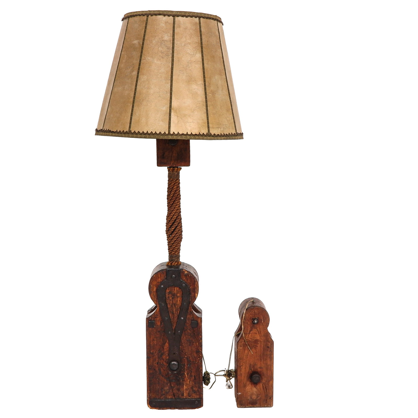 A Lot of 2 Floor Lamps: consisting of 2 floor lamps, crafted from oak pulleys, height 189 cm