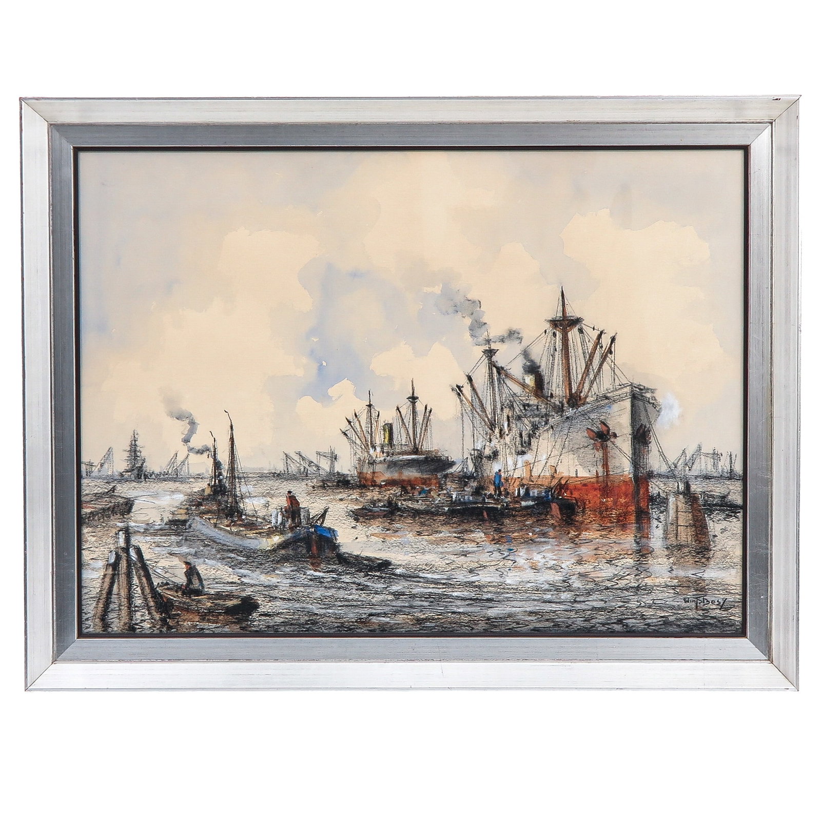 A Watercolor with Chalk: and chalk, depicting the port of Rotterdam with ships, signed Willem Bos, 1935, 71 x 52 cm