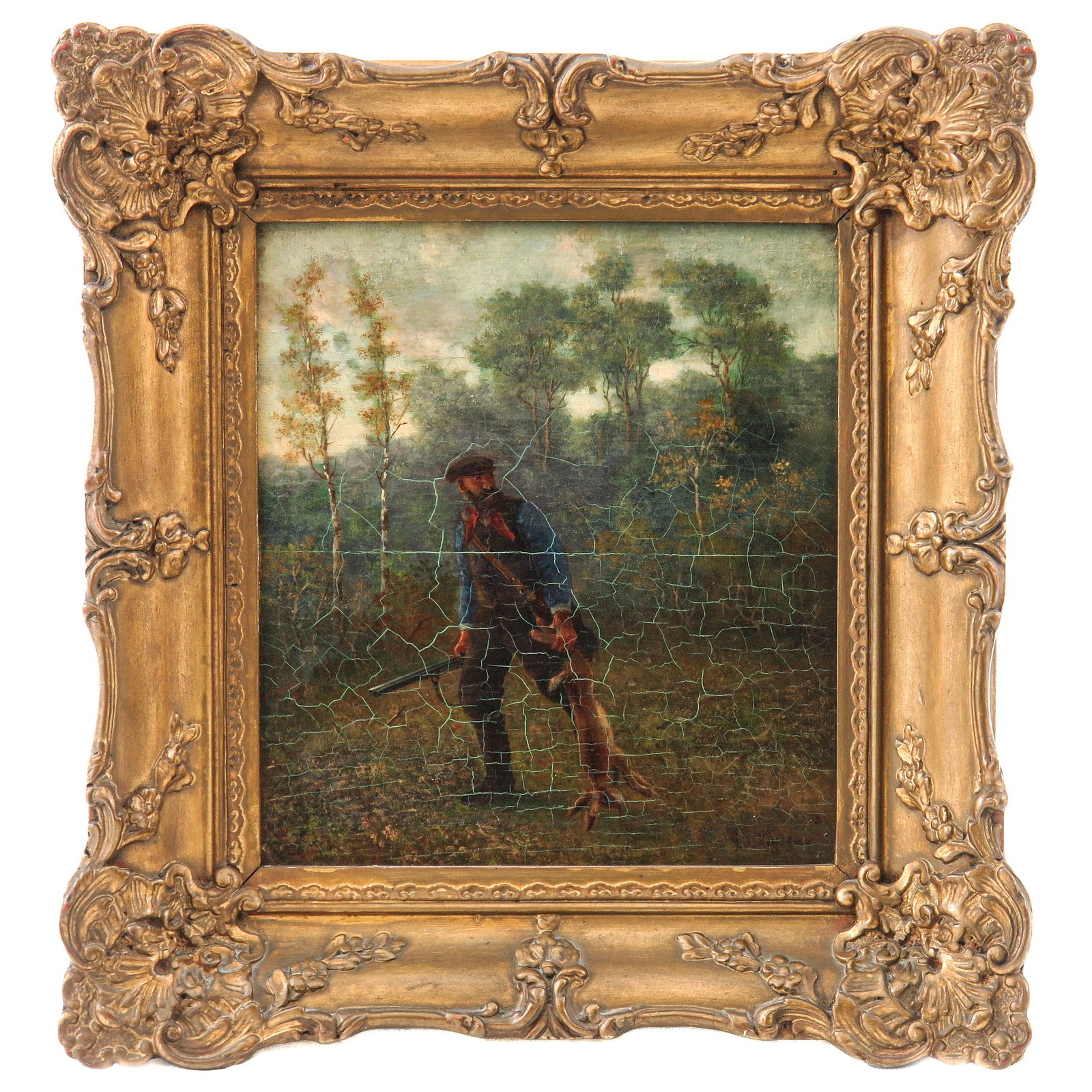 An Oil on Panel Painting: oil on panel, depicting a hunter with a hare in a forest landscape, signed, 18 x 20 cm