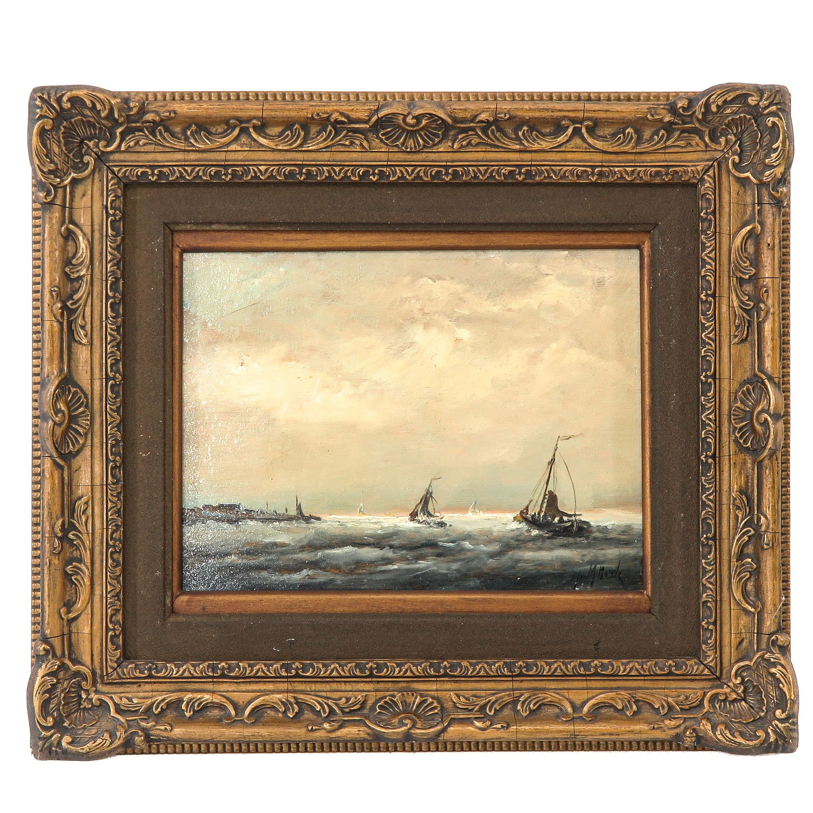 An Oil on Panel Painting: oil on panel depicting ships entering the harbor, signed J.A.M. Muerek, 24 x 18 cm