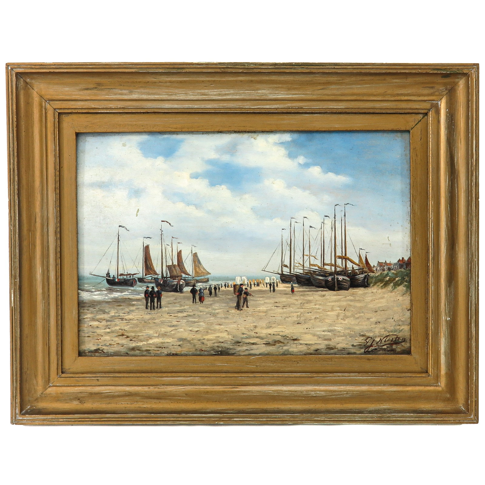An Oil on Panel Painting: oil on panel depicting fishing vessels on the beach with figures, signed Niesten, 36 x 24 cm