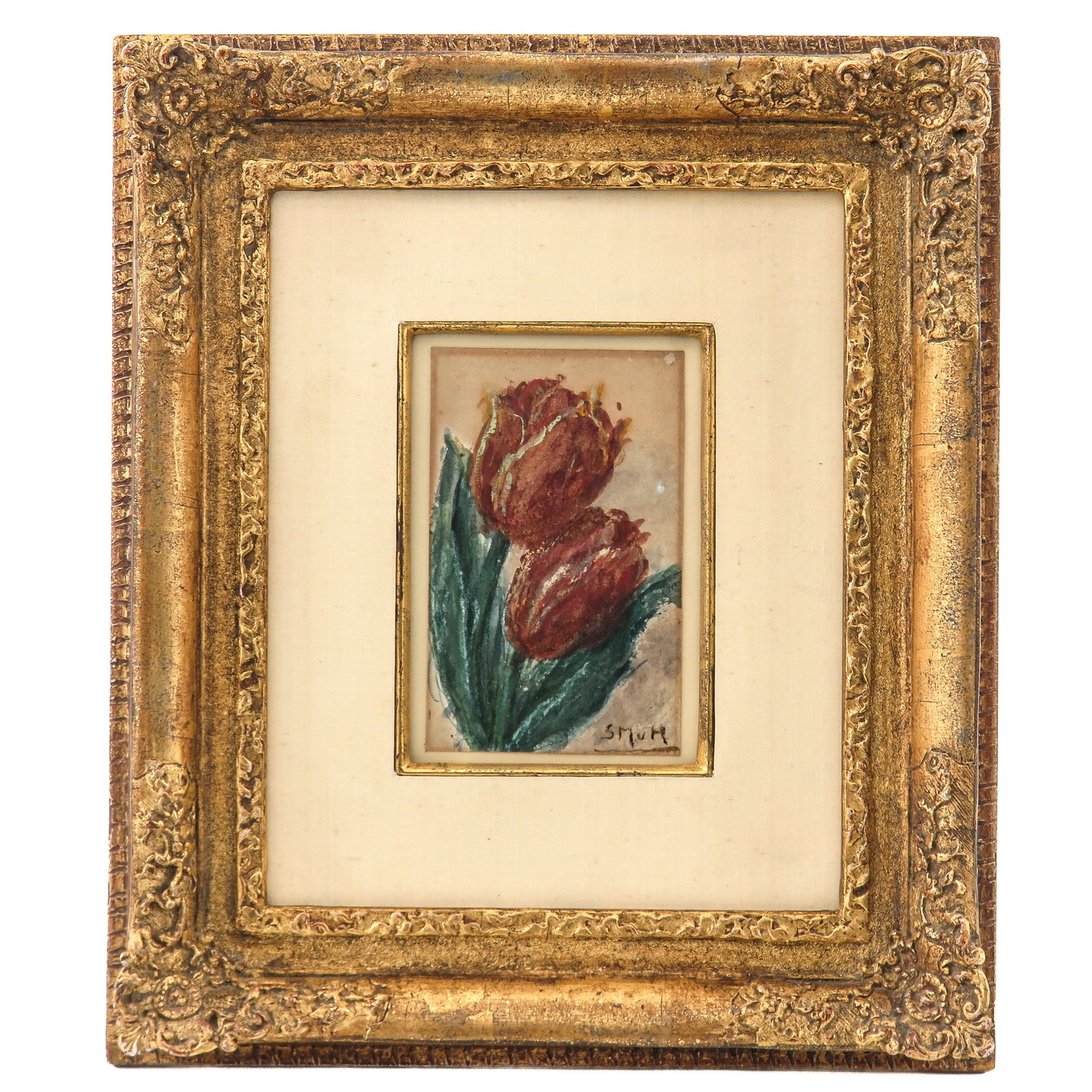 A Water: signed, S. Mesdag-van Houten, The Hague, with depiction of 2 tulips, 1890, 9 x 14 cm