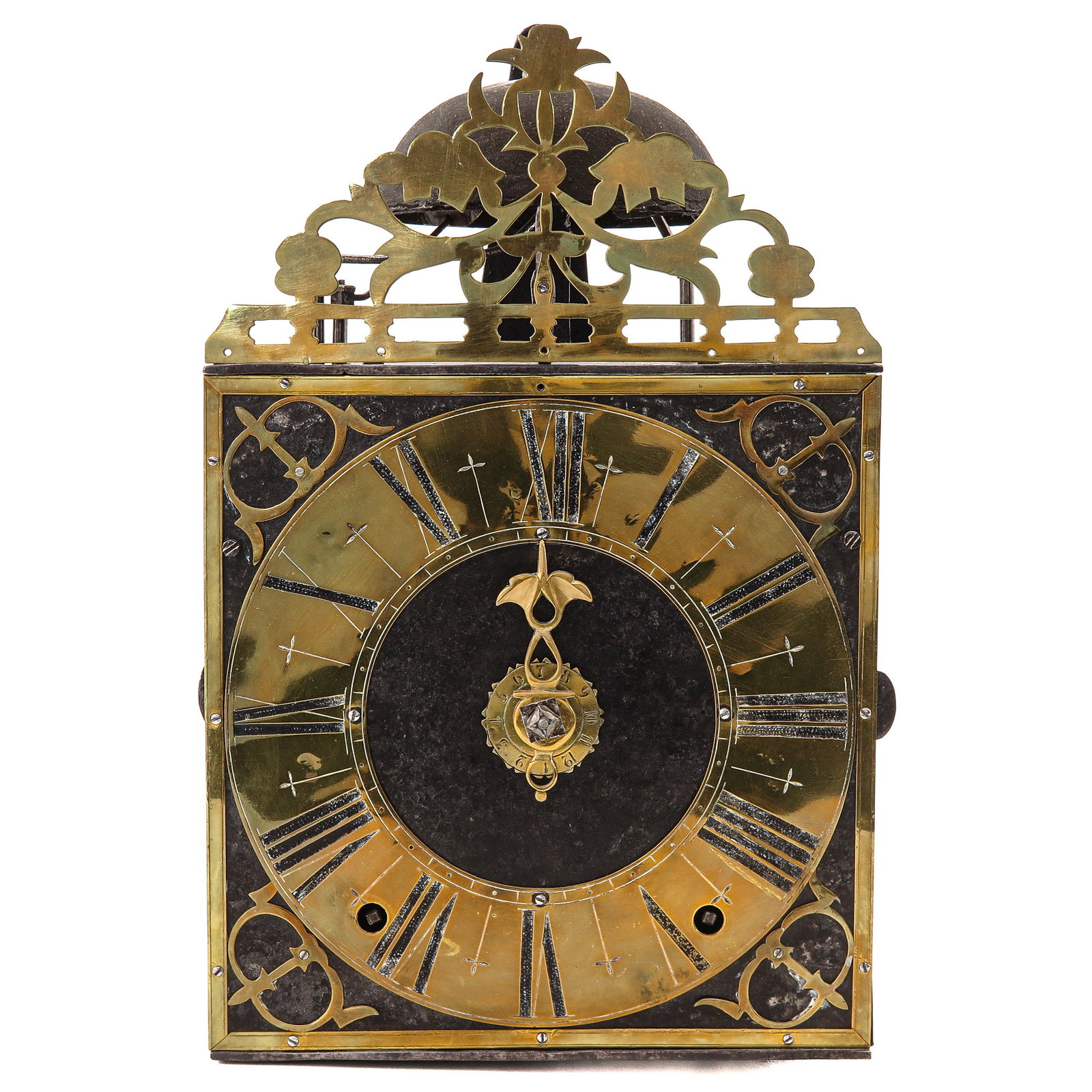 A Comtoise Clock: brass with engraved dial, height 31 cm
