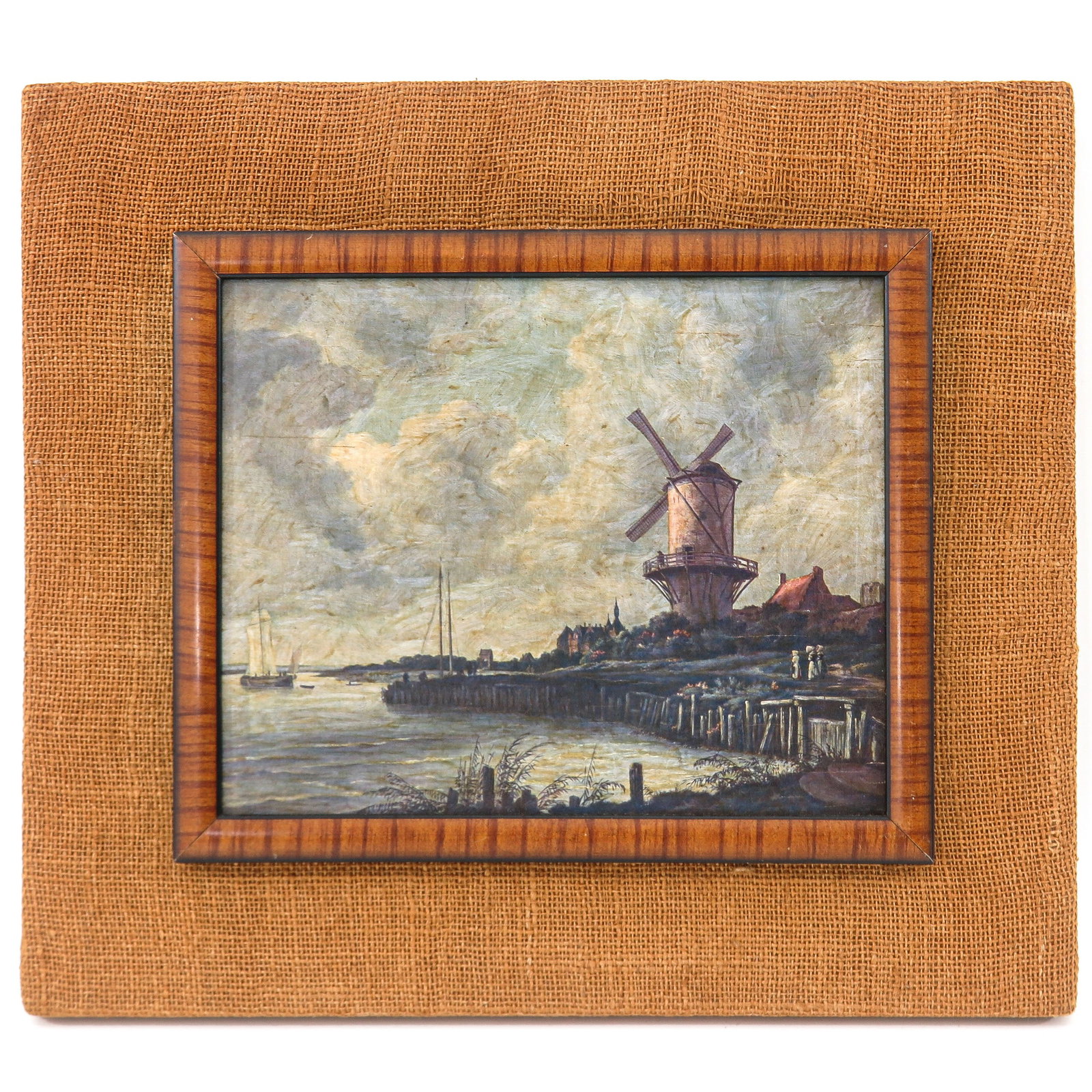 An Oil on Panel Painting: oil on panel depicting a Dutch coastal landscape with windmill and sailboats, 28 x 23 cm