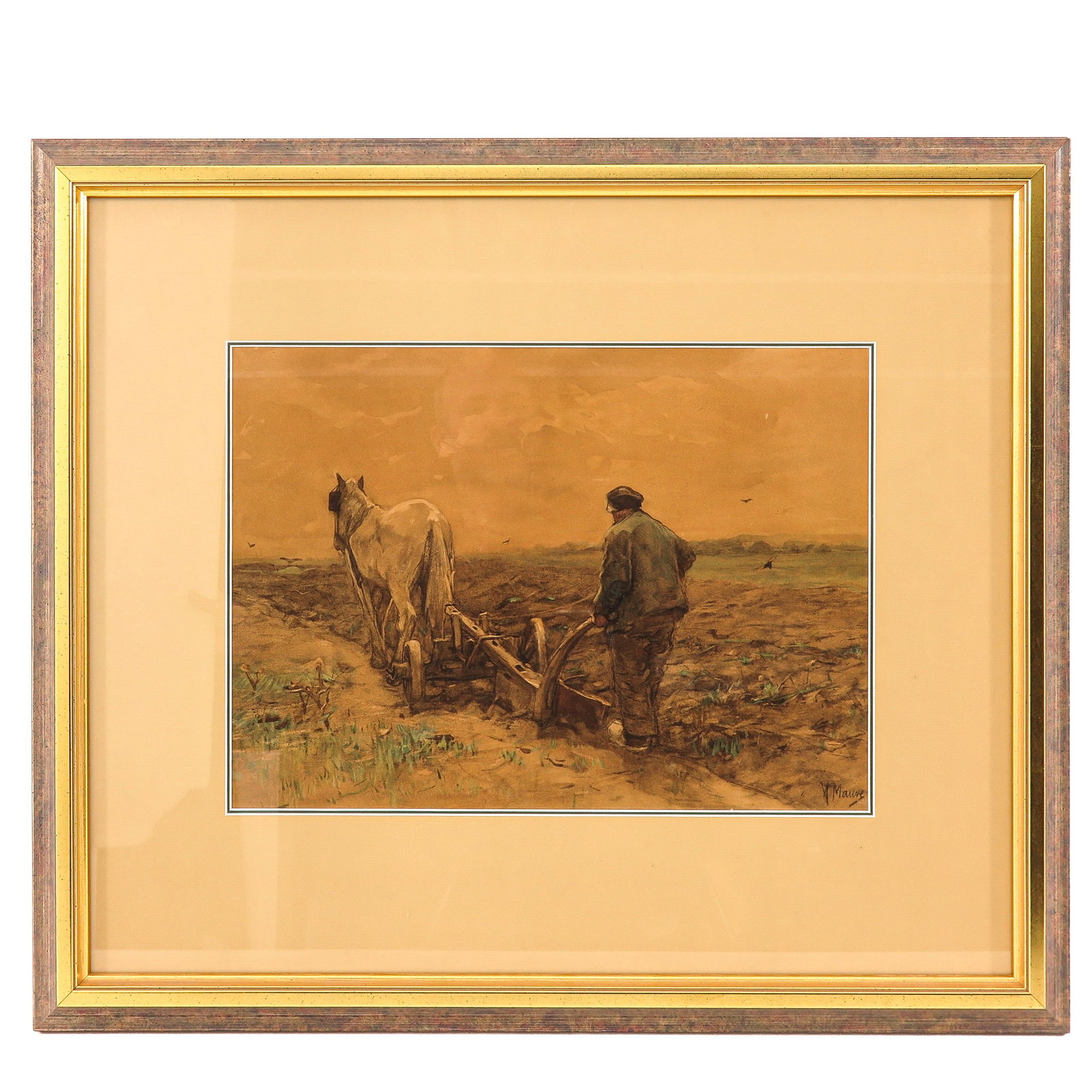 An Anton Mauve Print: Anton Mauve, depicting a farmer with a horse in the field, 43 x 32 cm