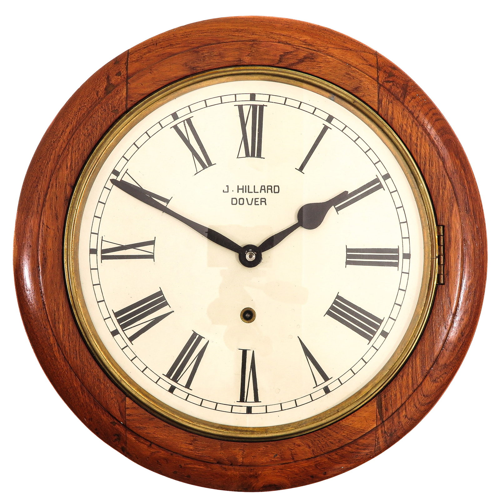 A Wall Clock signed J. Hillard, Dover: wood, signed J. Hillard, Dover, with enamel dial, diameter 42 cm