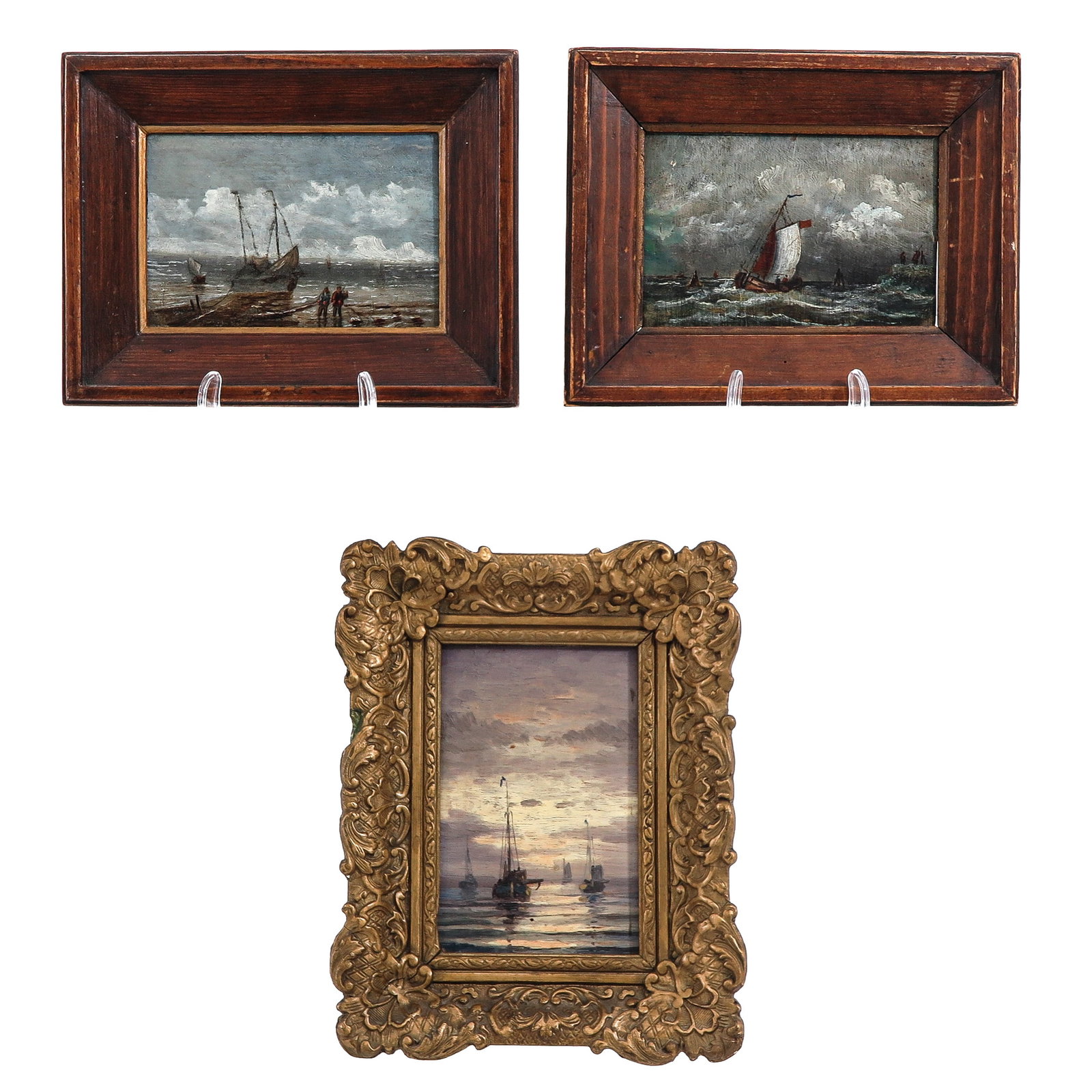 A Group of Artwork: of 3 oil on panel with maritime scenes featuring ships, various dimensions, largest 10 x 16 cm
