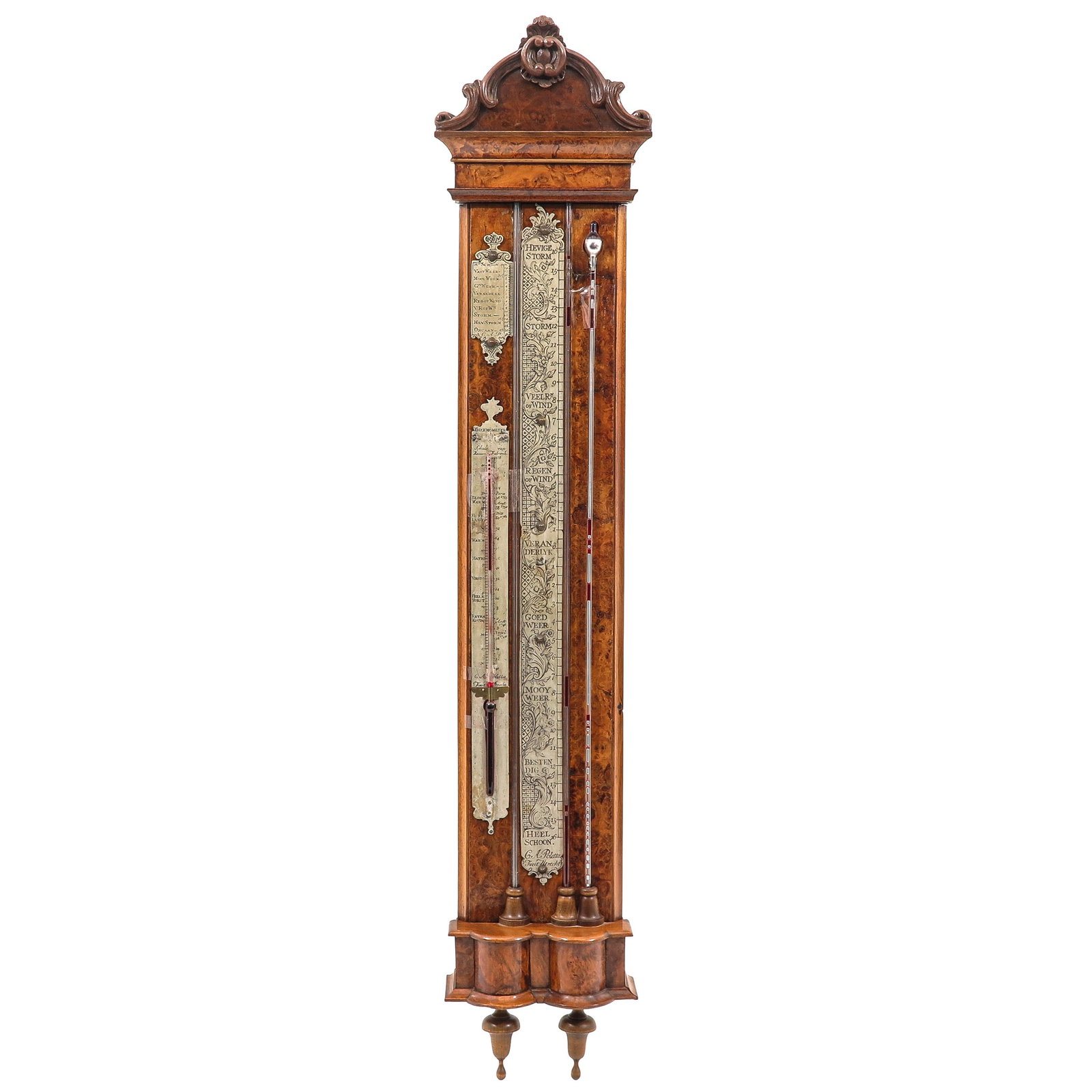 A Dutch Barometer: in veneered cabinet with carved crest, signed G.A. Poletta, fecit, Utrecht, ca. 1800, height 123 cm