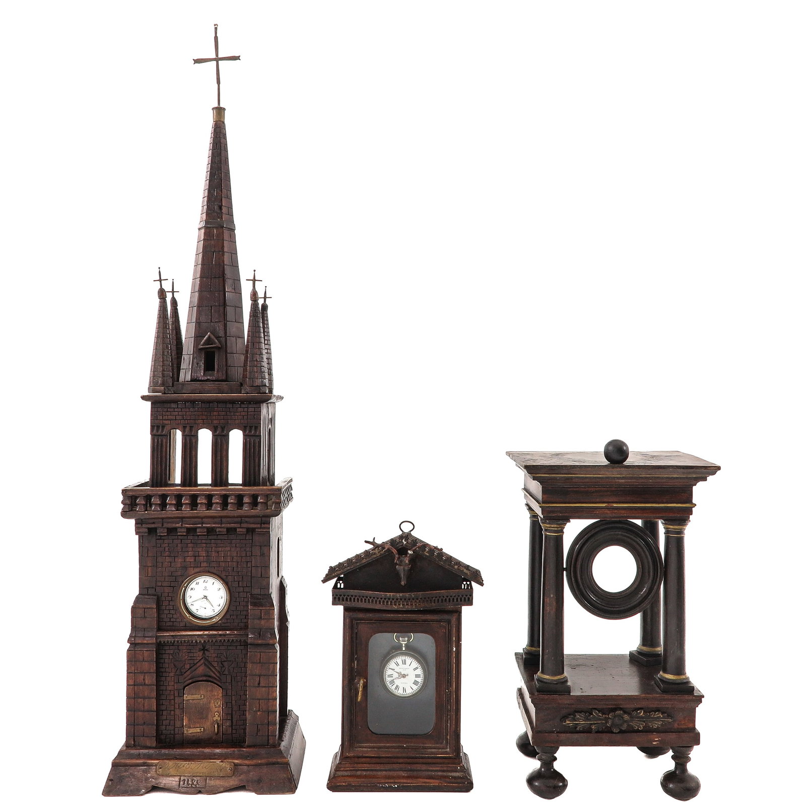 A Group of Watch Holders: consisting of a wooden watch holder in the shape of the bell tower of the church in Lanmeur, Brittany, a wall cabinet for storing a pocket watch and a watch holder in the shape of a column clock,