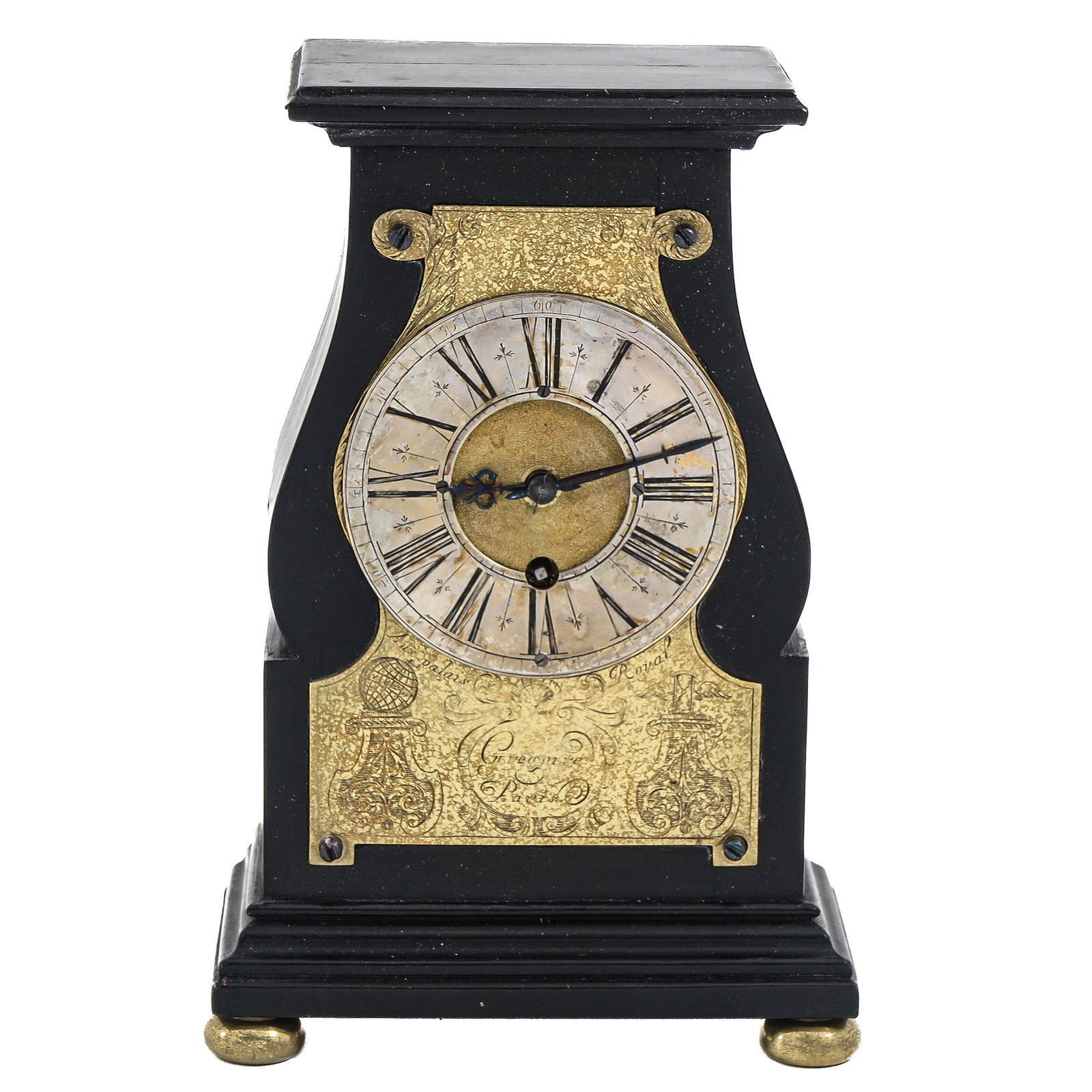 A Table Clock Signed Gregoire Paris: veneered with ebony, with silver-plated dial and engraved panel, signed Gregoire Paris, height 19 cm