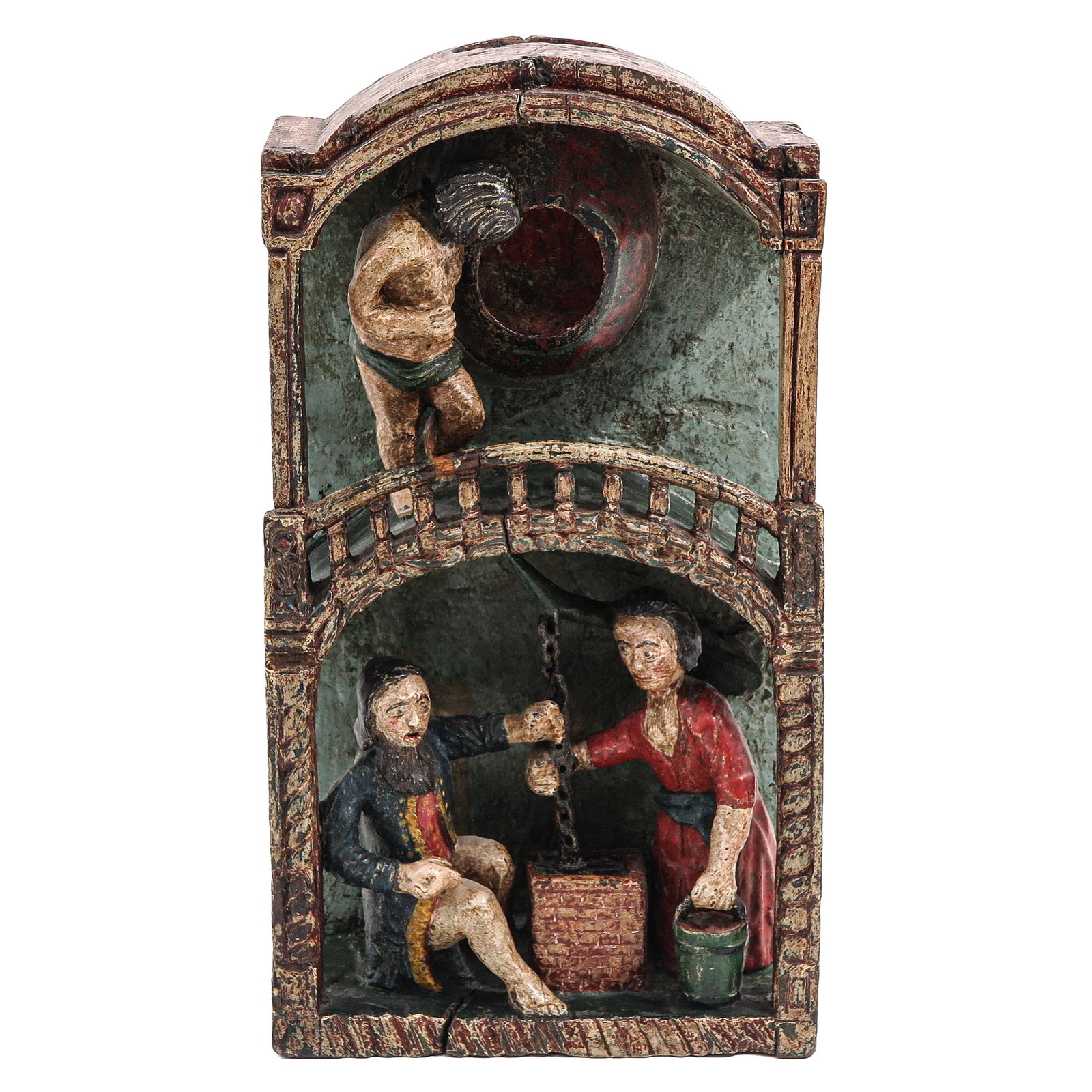 A Portemanteau: wood, with remnants of polychromy, Germany, ca. 1700, depiction of a couple at a well, 19 x 34 x 10 cm